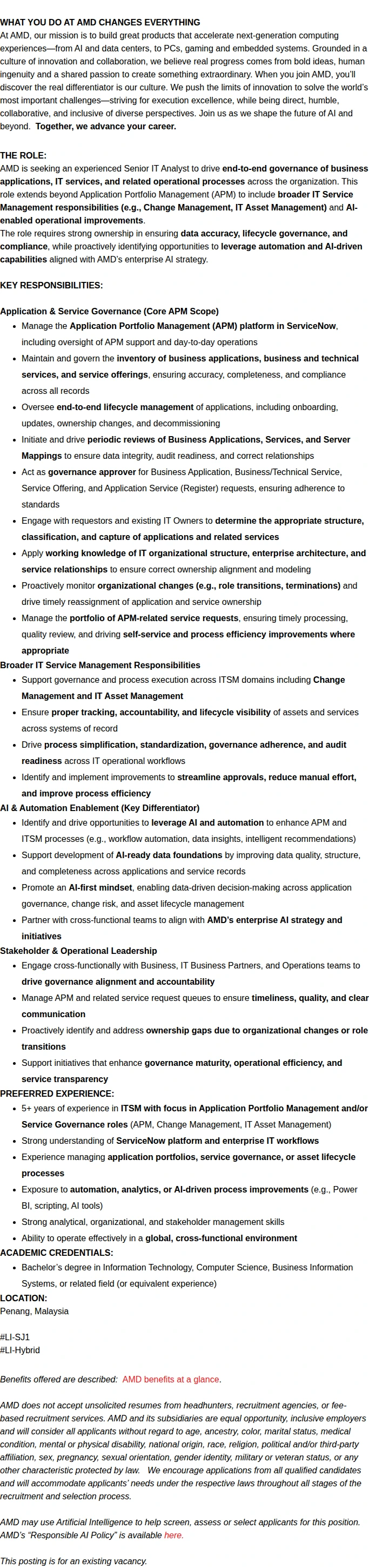 AMD Senior Analyst - ServiceNow & IT Service Management 채용공고