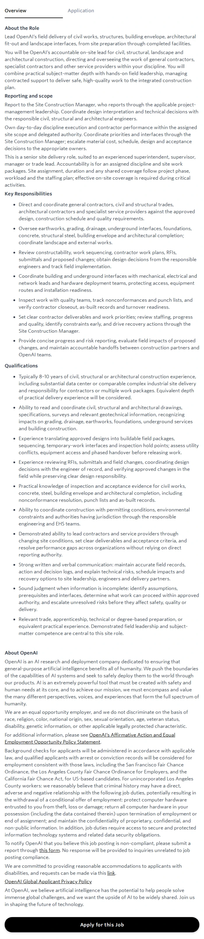 오픈에이아이(OpenAI) Site Civil, Structural & Architectural Lead (CSLA) 채용공고