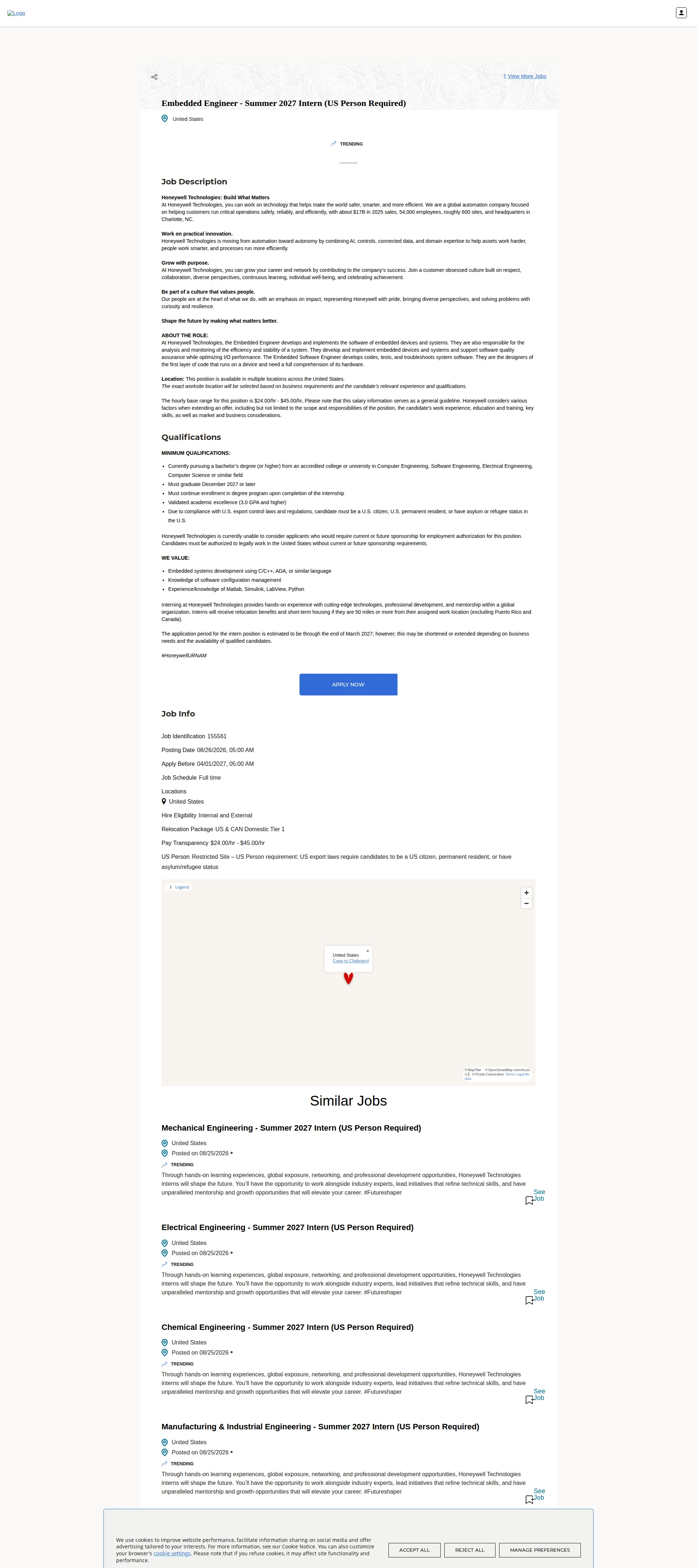허니웰 Embedded Engineer - Summer 2027 Intern (US Person Required) 채용공고