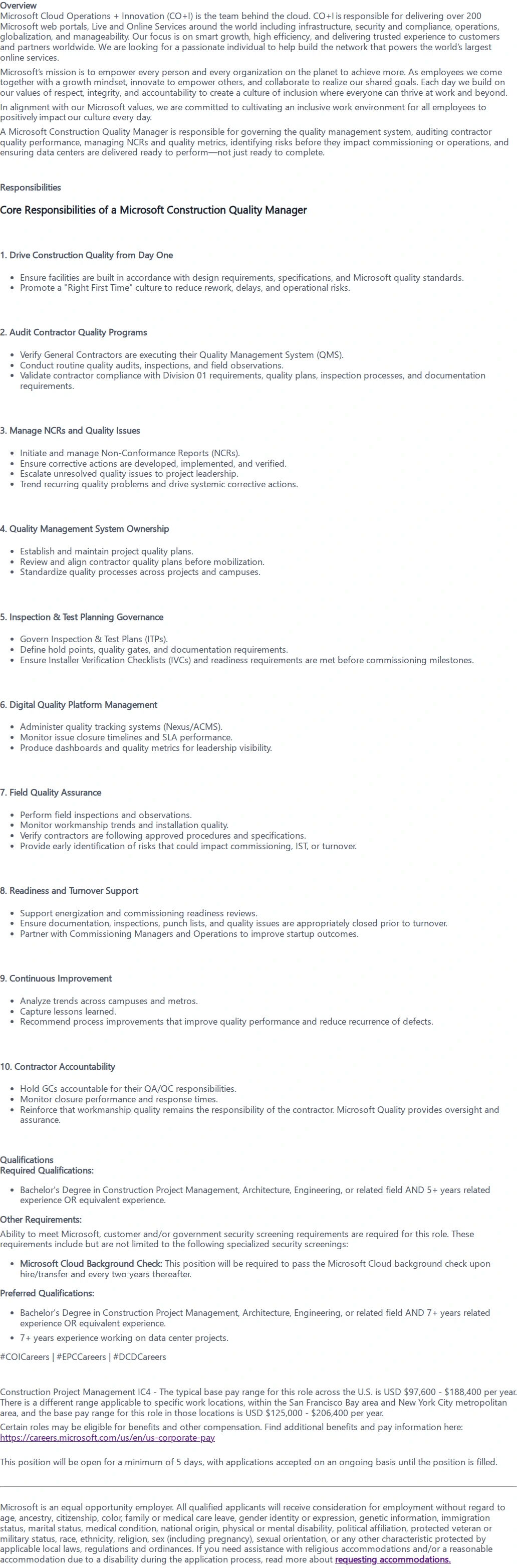 마이크로소프트(Microsoft) Construction Quality Manager 채용공고