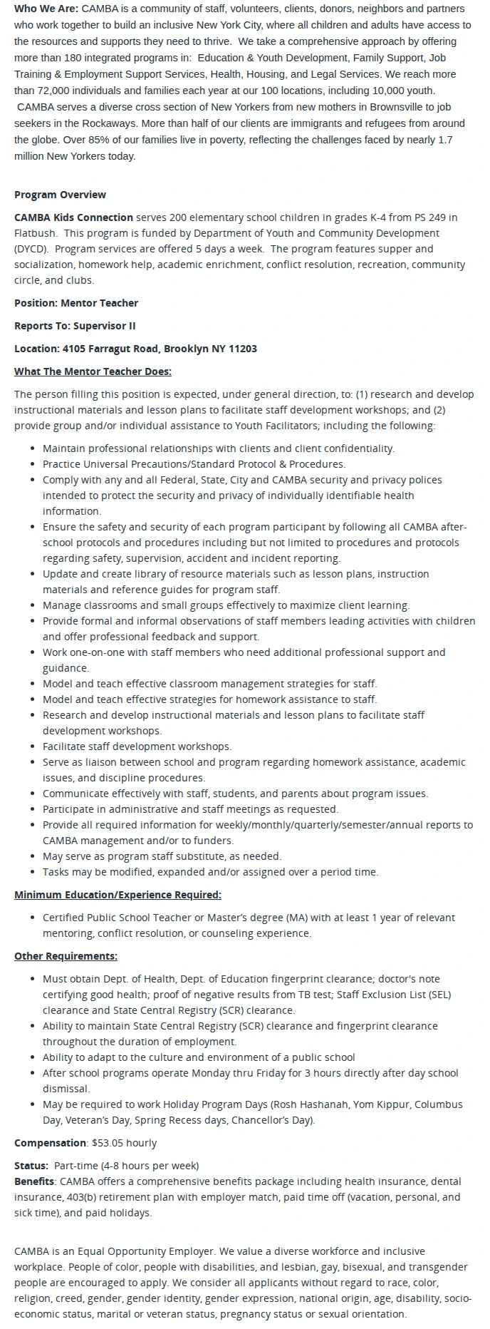 CAMBA Mentor Teacher, PS 198 - CAMBA Afterschool Program 채용공고