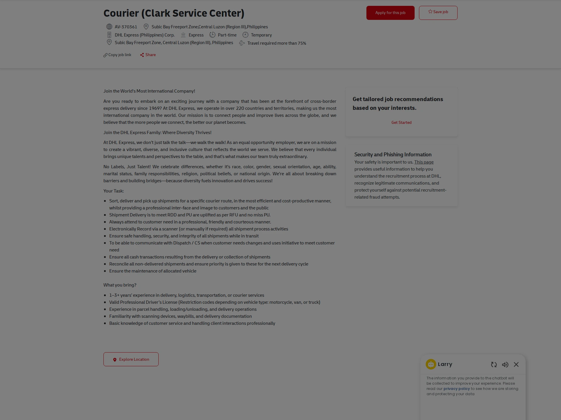 DHL Courier (Clark Service Center) 채용공고