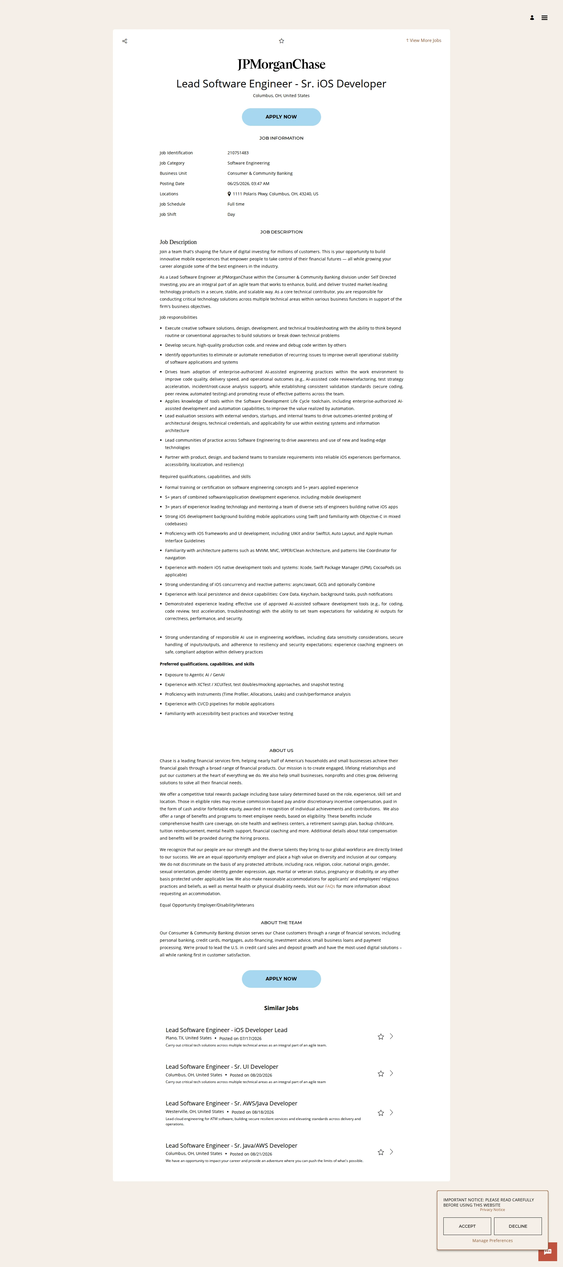 JPMorganChase Lead Software Engineer - Sr. iOS Developer 채용공고