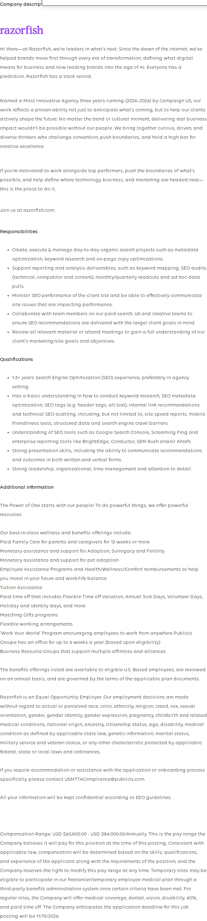 Publicis Groupe SEO Strategist 채용공고
