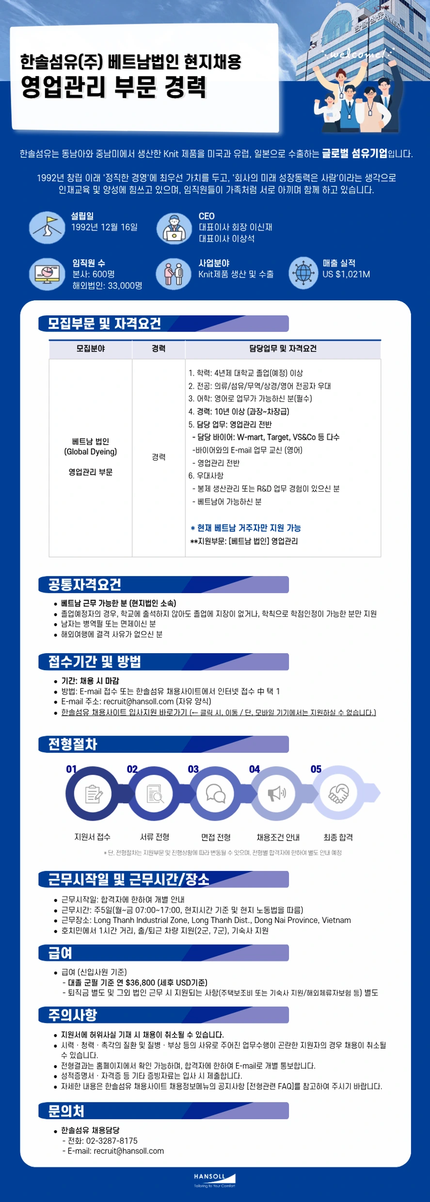 한솔섬유 한솔섬유(주) 베트남법인 영업관리 경력 현지채용 채용공고