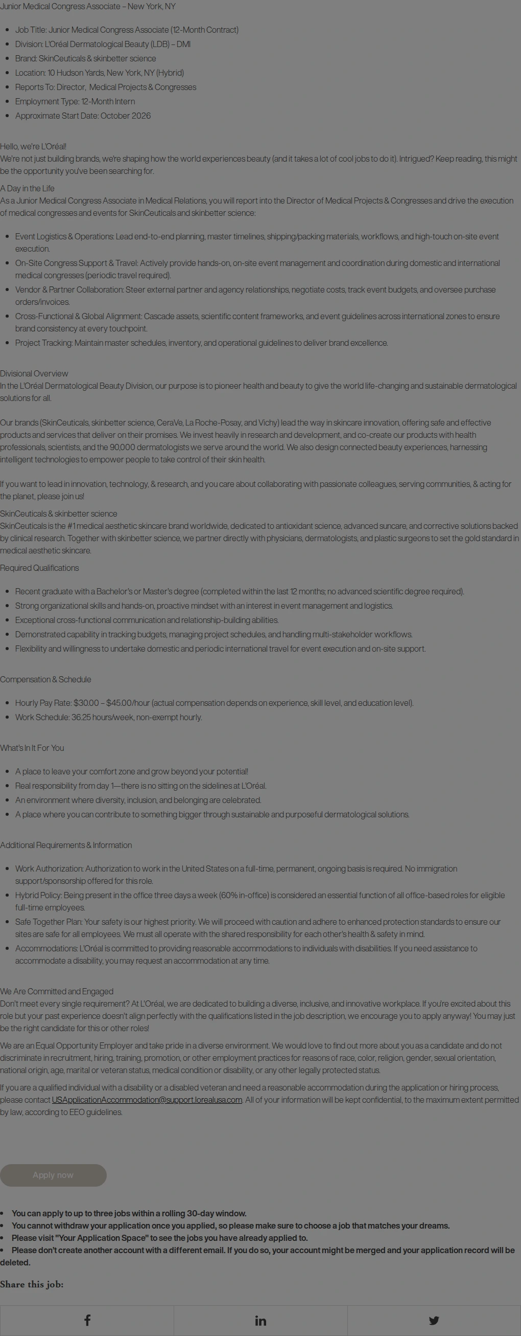 로레알(L'Oreal) Junior Medical Congresses Associate (12-Month) 채용공고