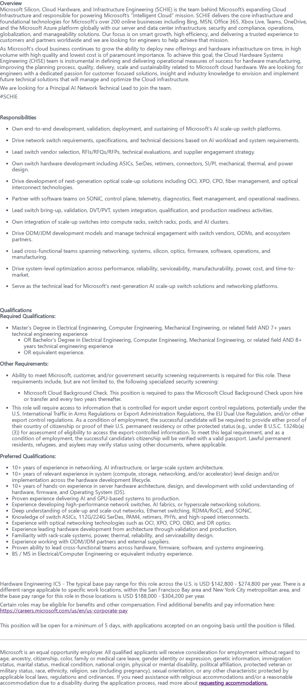 마이크로소프트(Microsoft) Principal AI Network Technical Lead 채용공고