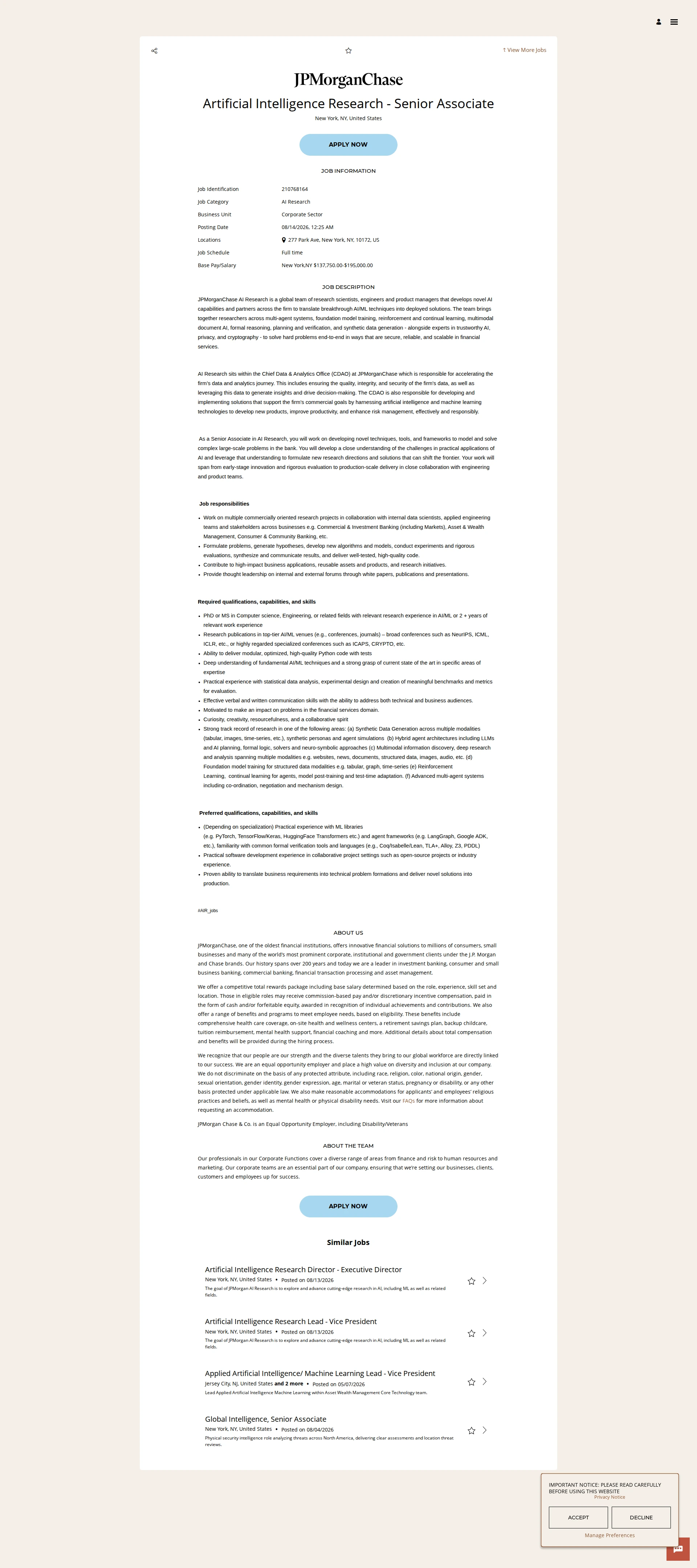 JPMorganChase Artificial Intelligence Research - Senior Associate 채용공고