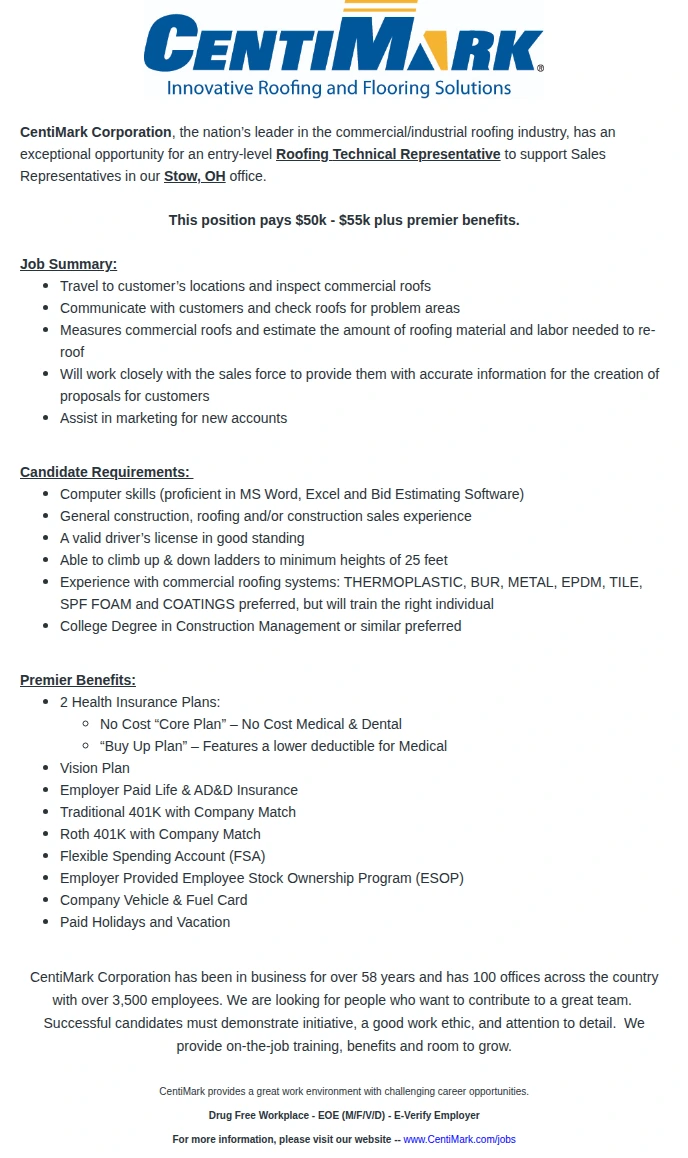 CentiMark Corporation Roofing Technical Representative 채용공고