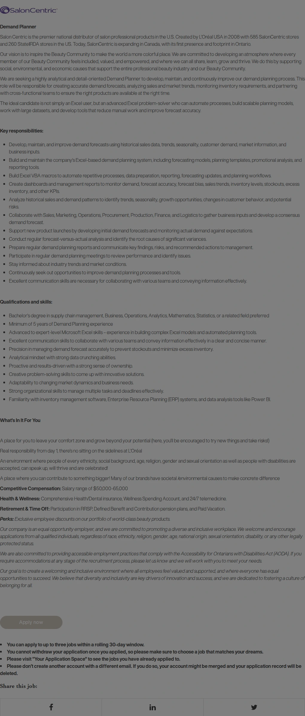 로레알(L'Oreal) Demand Planner (Partner Brands) - SalonCentric Canada - Mississauga, ON 채용공고