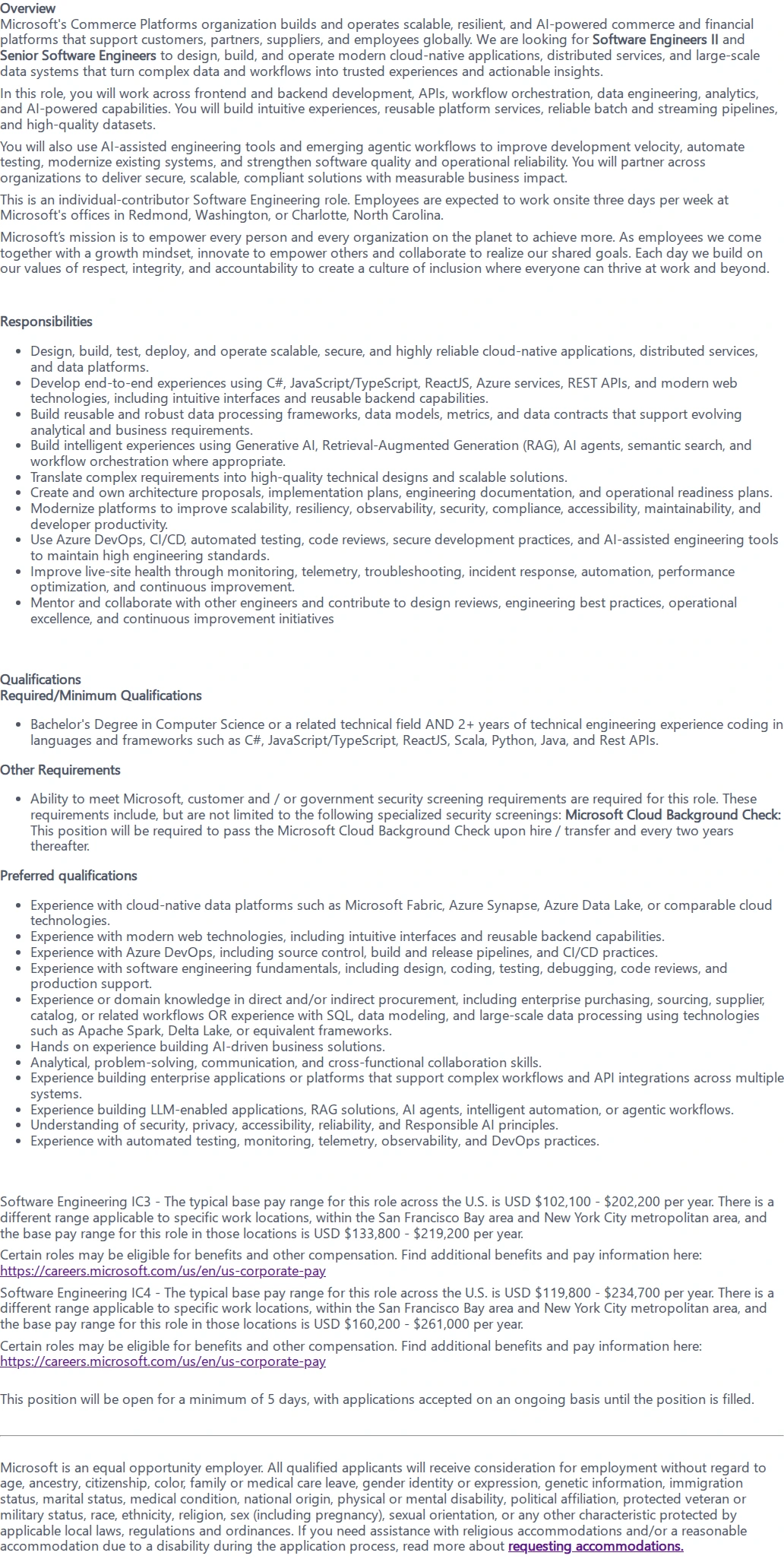 마이크로소프트(Microsoft) Software Engineers II / Senior Software Engineers, Commerce Platforms 채용공고