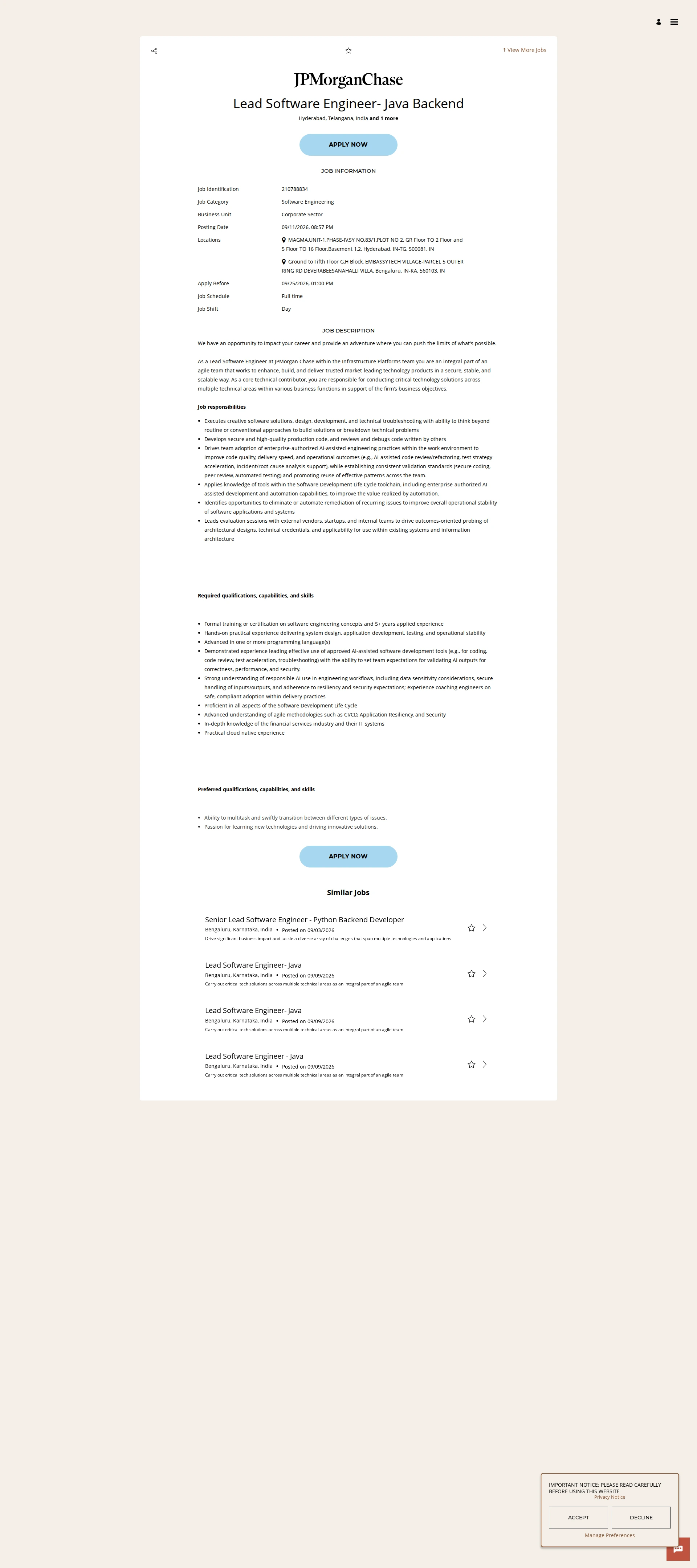 JPMorganChase Lead Software Engineer- Java Backend 채용공고