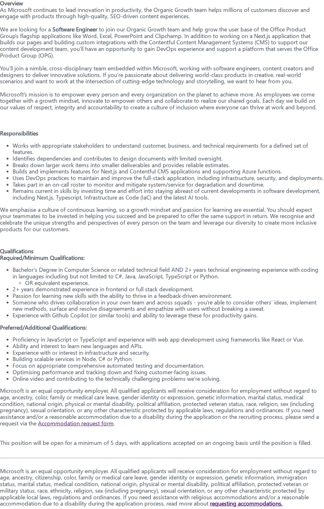 마이크로소프트(Microsoft) Software Engineer II - Organic Growth 채용공고