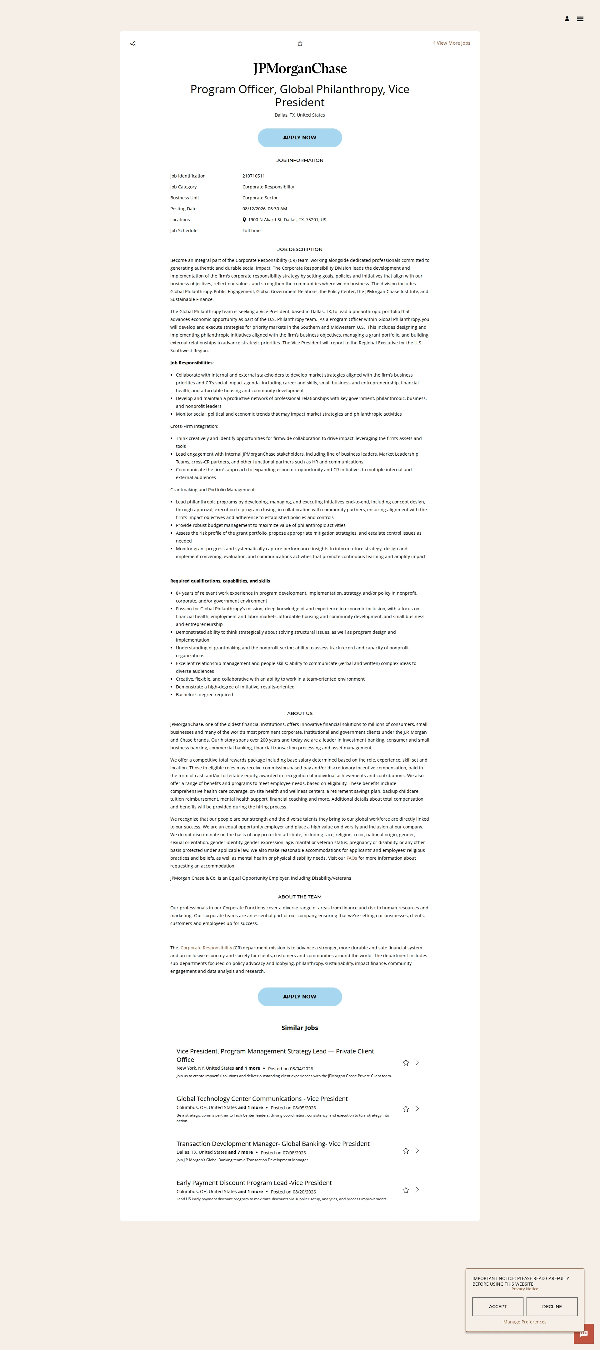JPMorganChase Program Officer, Global Philanthropy, Vice President 채용공고
