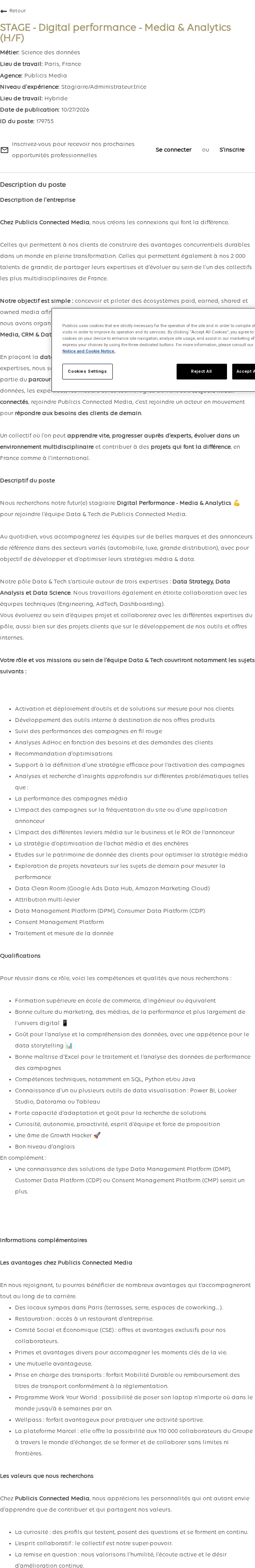 Publicis Groupe STAGE - Digital performance - Media & Analytics (H/F) 채용공고