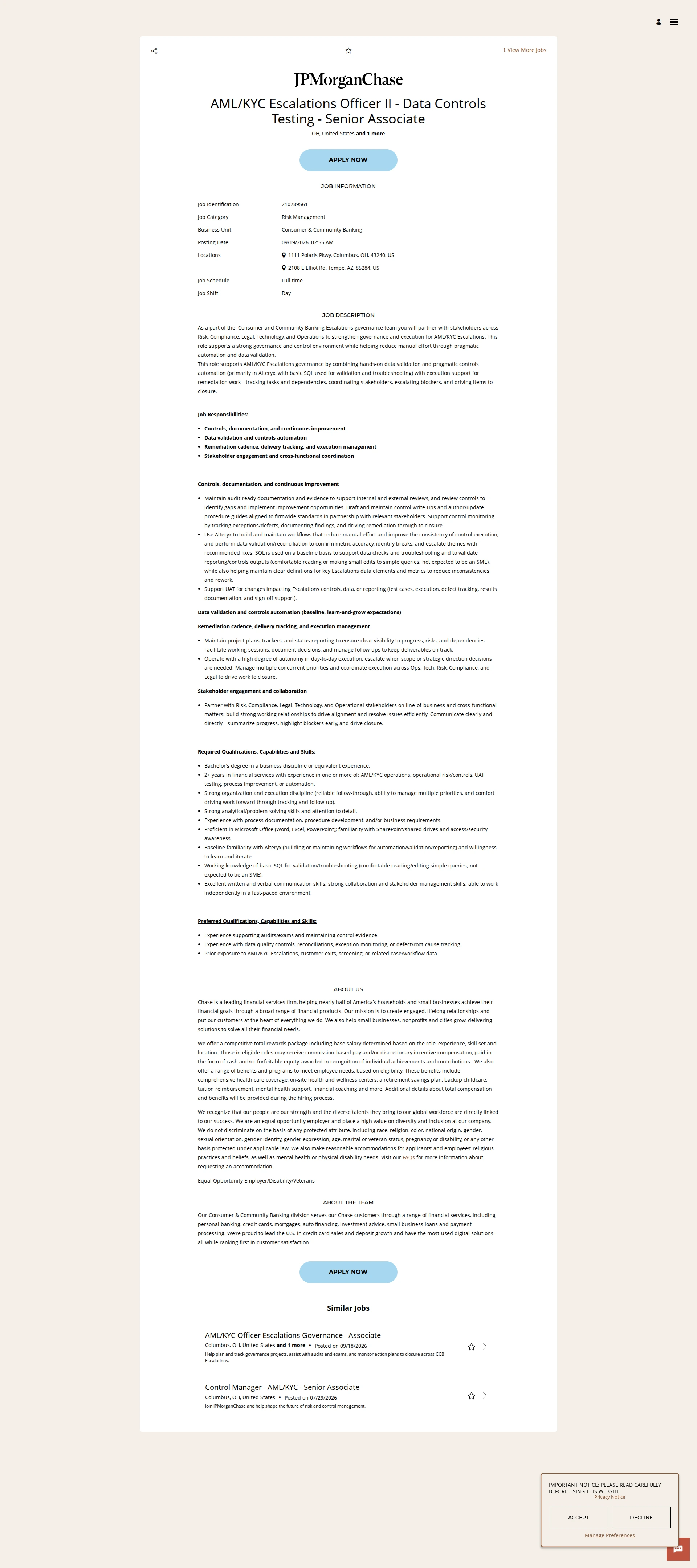 JPMorganChase AML/KYC Escalations Officer II - Data Controls Testing - Senior Associate 채용공고