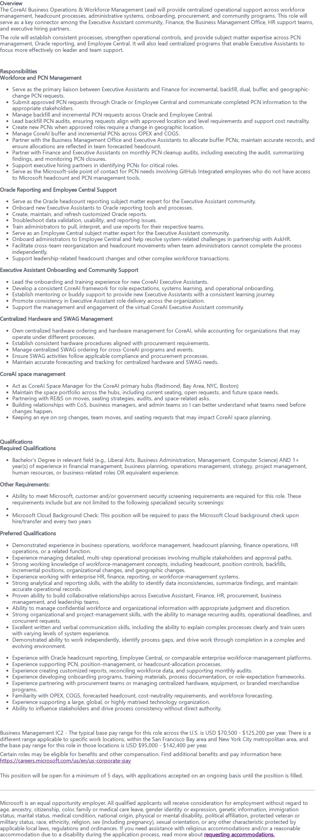 마이크로소프트(Microsoft) CoreAI Business Operations & Workforce Management Lead 채용공고