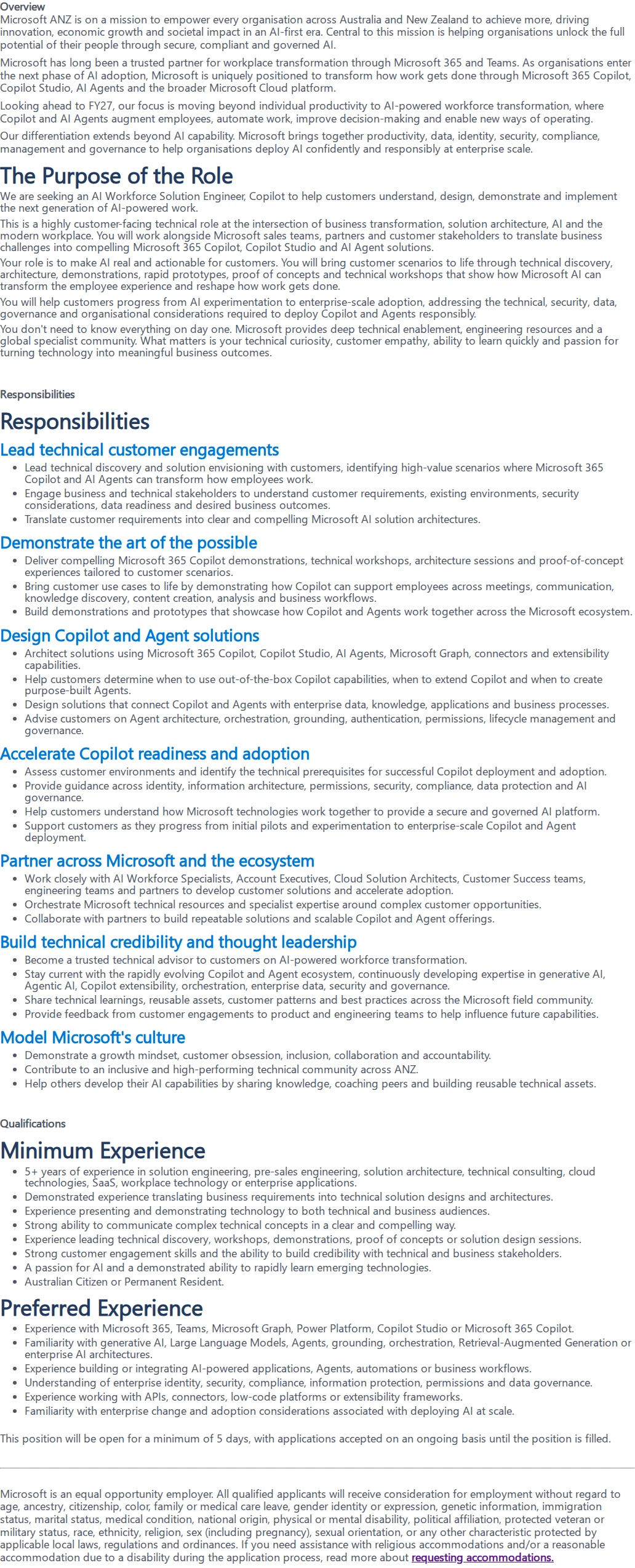 마이크로소프트(Microsoft) AI Copilot Solution Engineer 채용공고