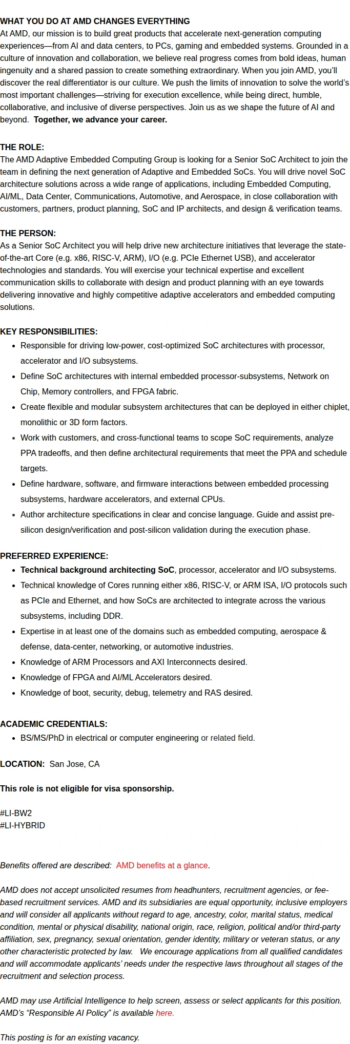 AMD Embedded SoC Architect 채용공고