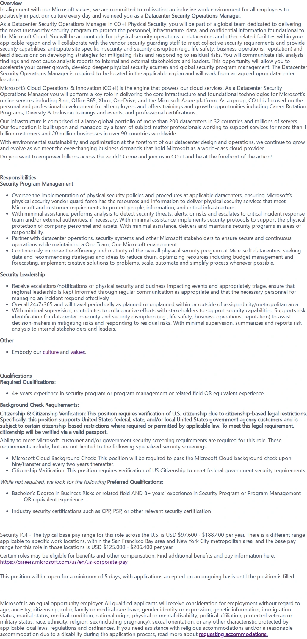 마이크로소프트(Microsoft) Data Center Security Operations Manager - DSOM 채용공고