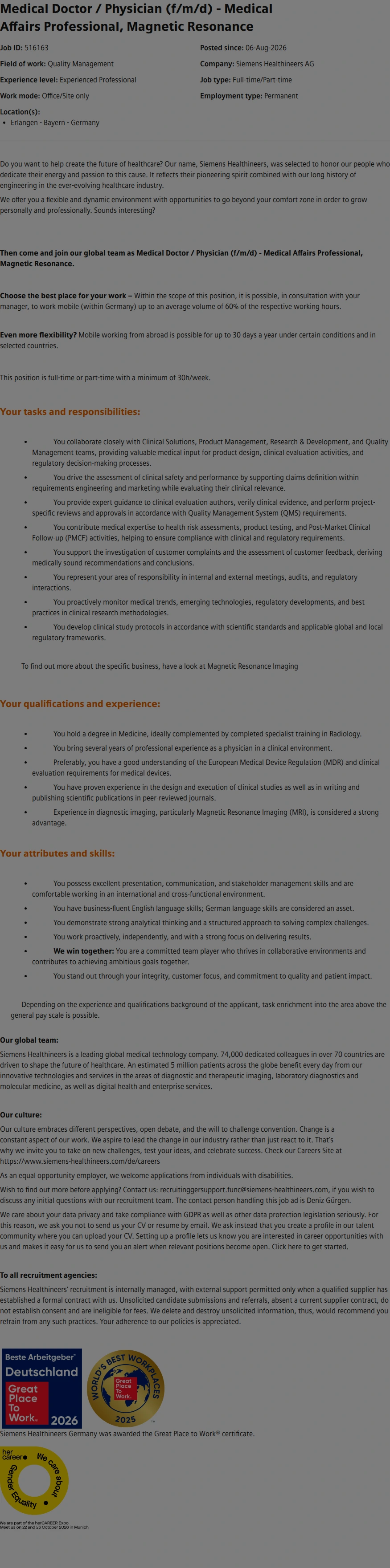 SiemensHealthineers Medical Doctor / Physician (f/m/d) - Medical Affairs Professional, Magnetic Resonance 채용공고