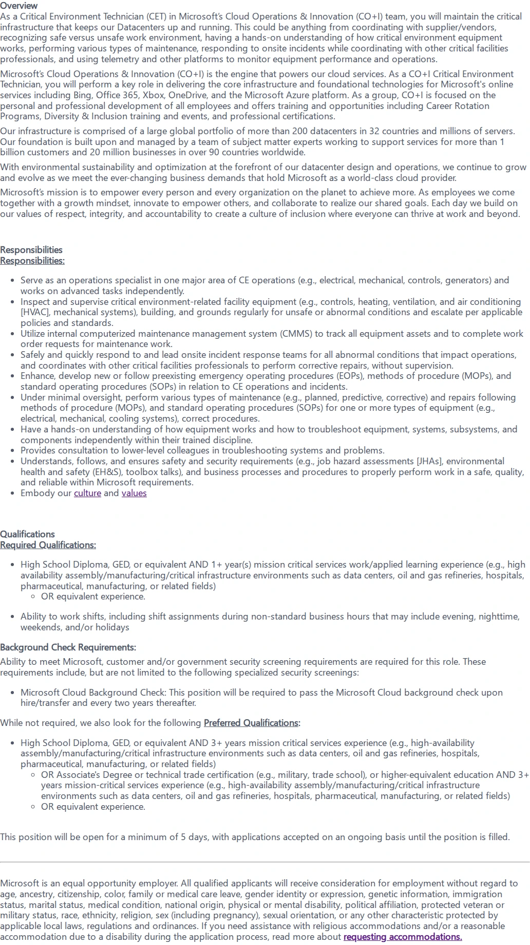 마이크로소프트(Microsoft) Critical Environment Technician- Electrical/ Mechanical 채용공고