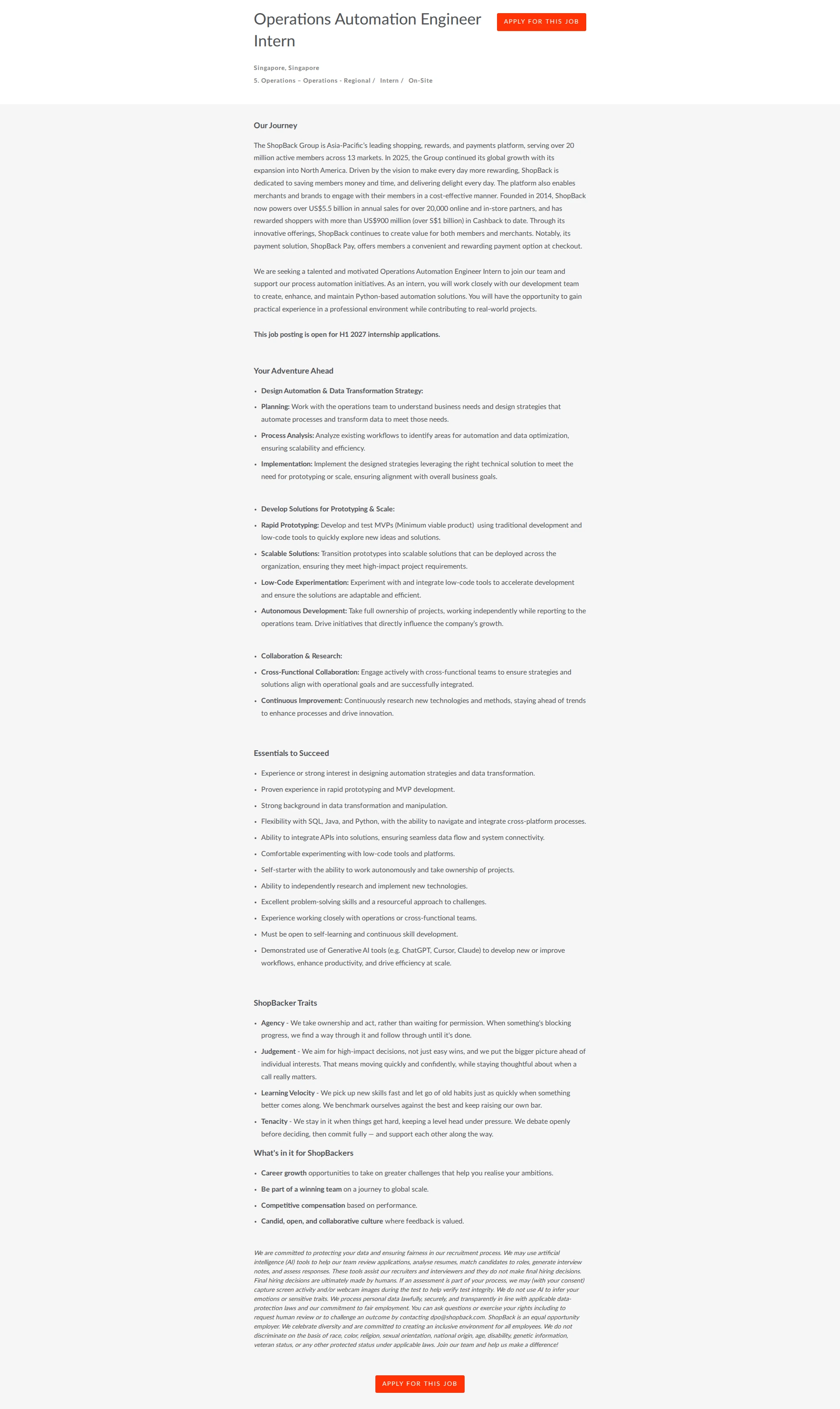 샵백 Operations Automation Engineer Intern 채용공고