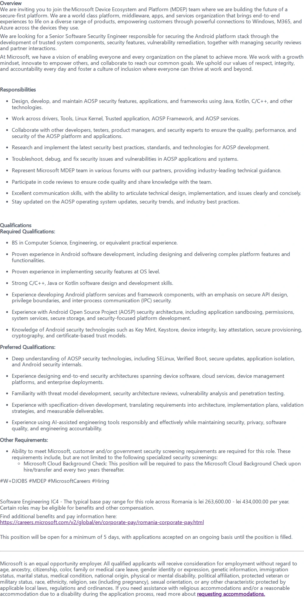 마이크로소프트(Microsoft) Senior Security Software Engineer 채용공고