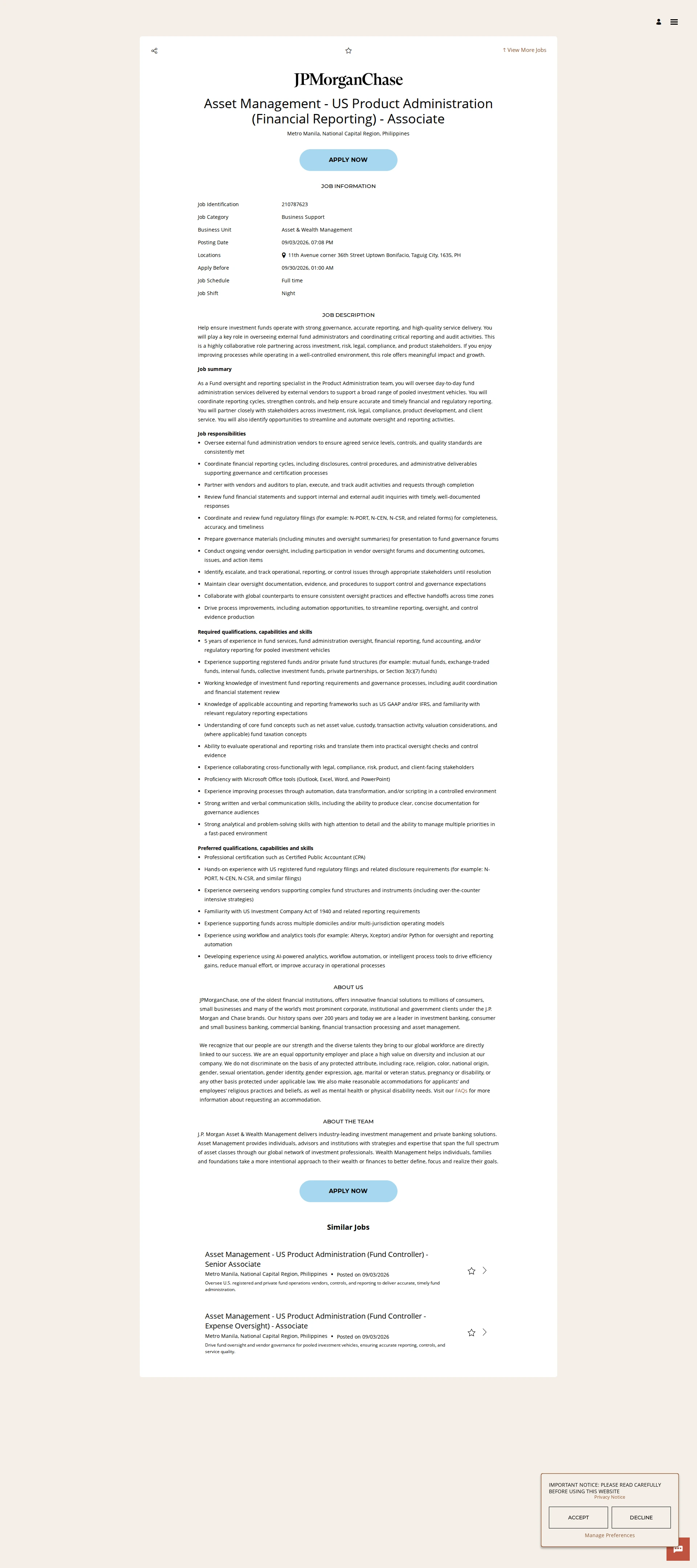 JPMorganChase Asset Management - US Product Administration (Financial Reporting) - Associate 채용공고
