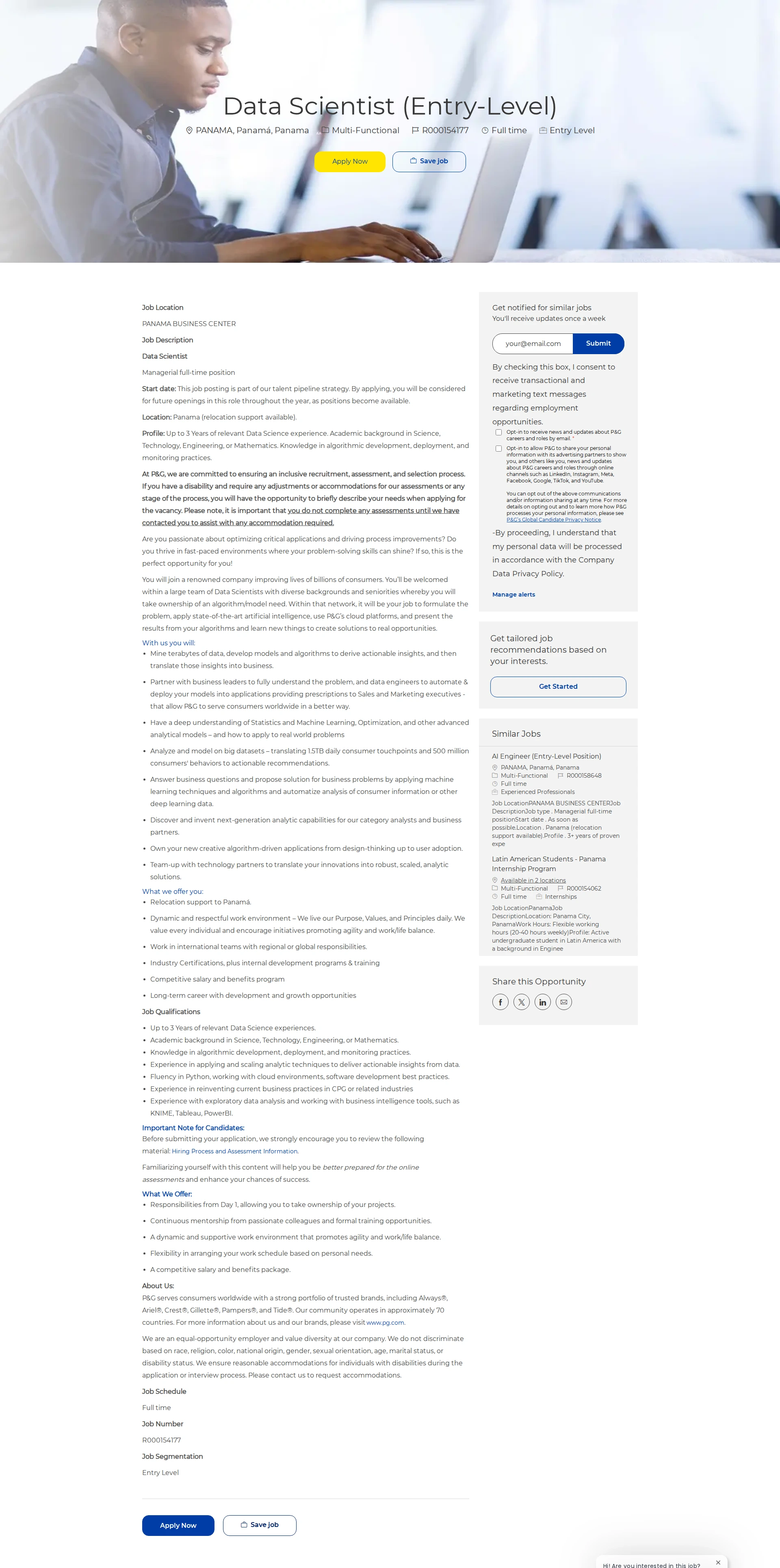 P&G Data Scientist (Entry-Level) 채용공고