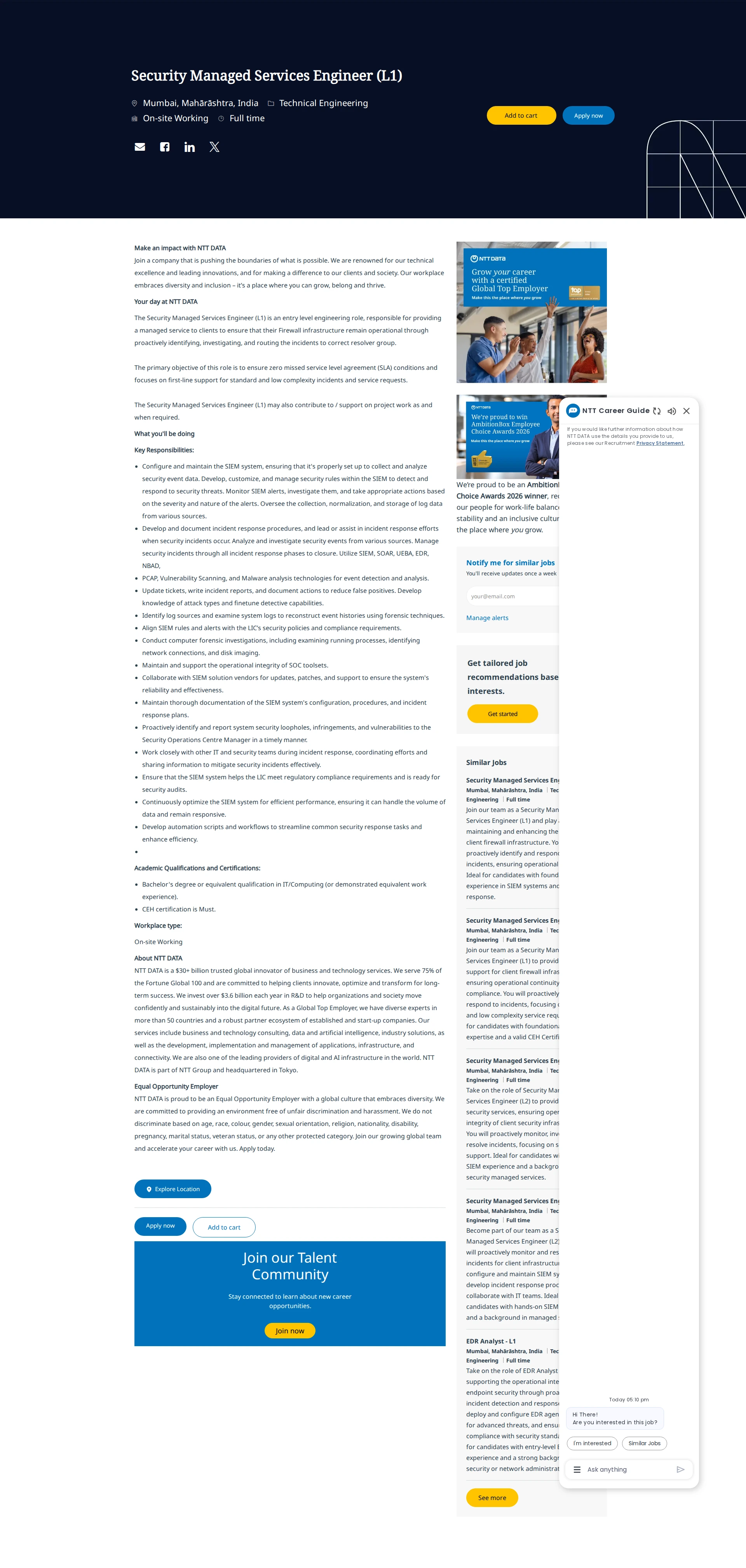NTT데이터 Security Managed Services Engineer (L1) 채용공고