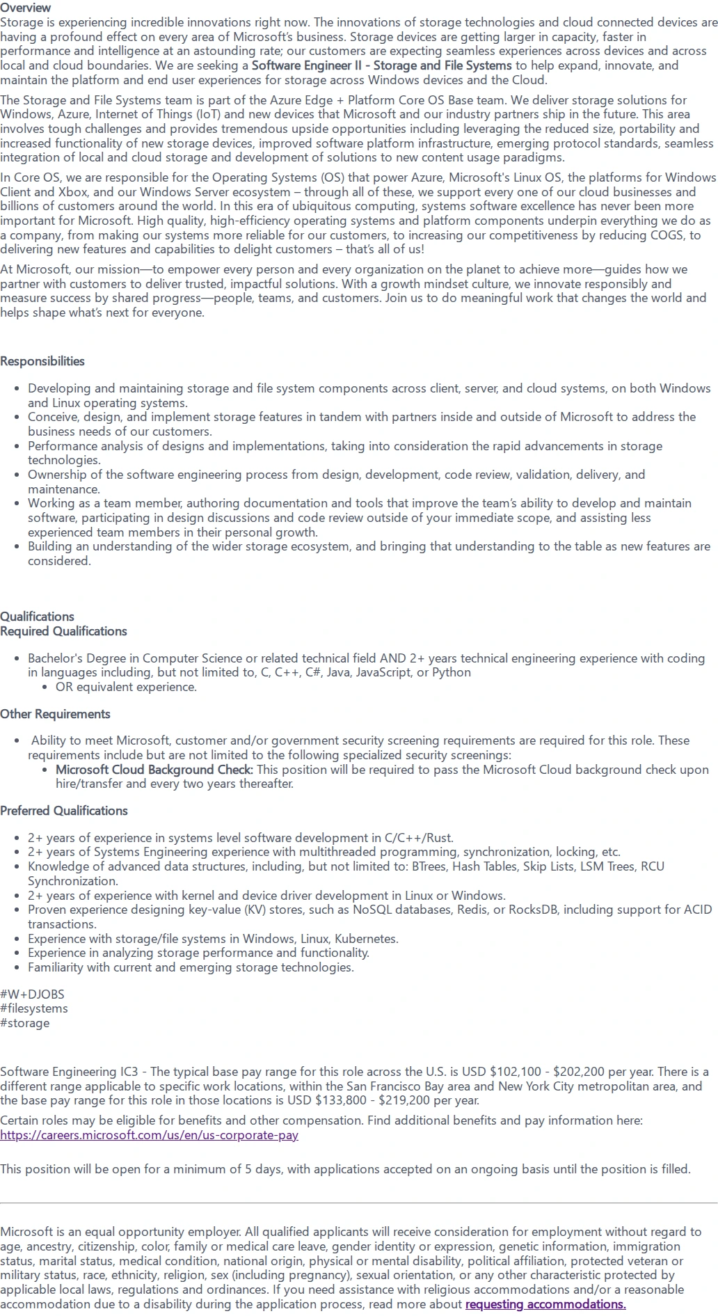 마이크로소프트(Microsoft) Software Engineer II - Storage and File Systems 채용공고