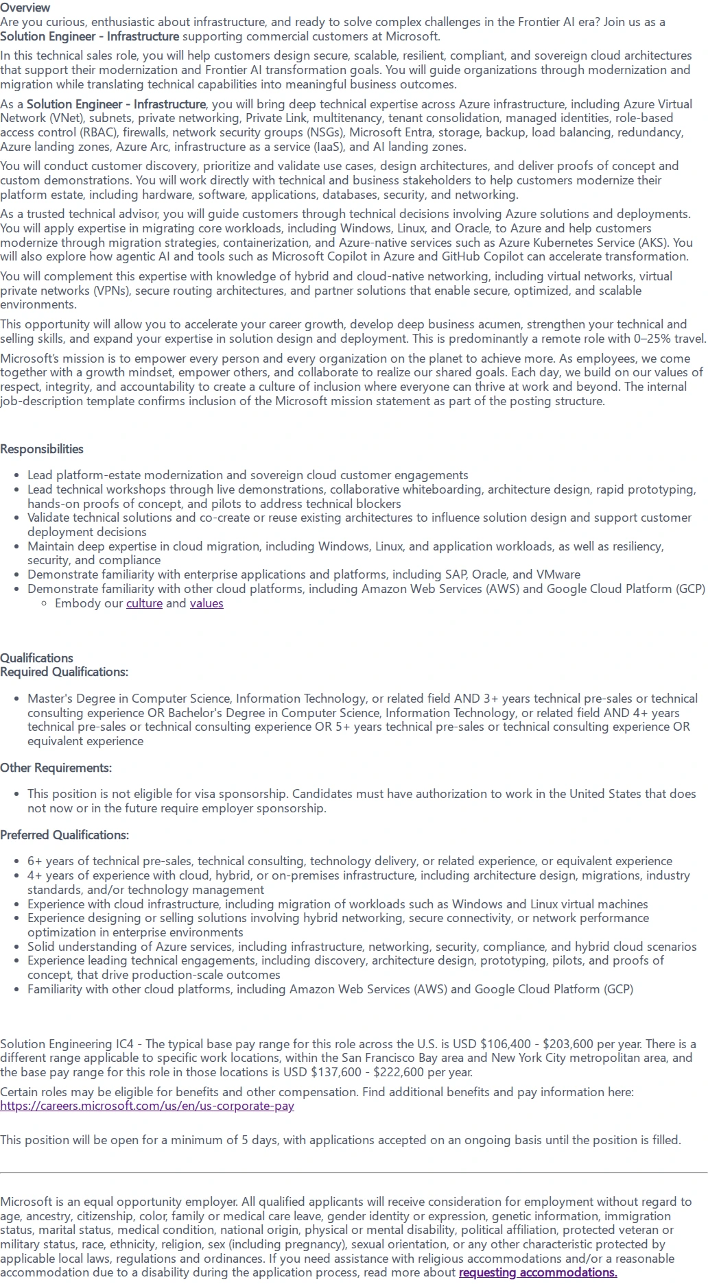마이크로소프트(Microsoft) Solution Engineer - Infrastructure 채용공고