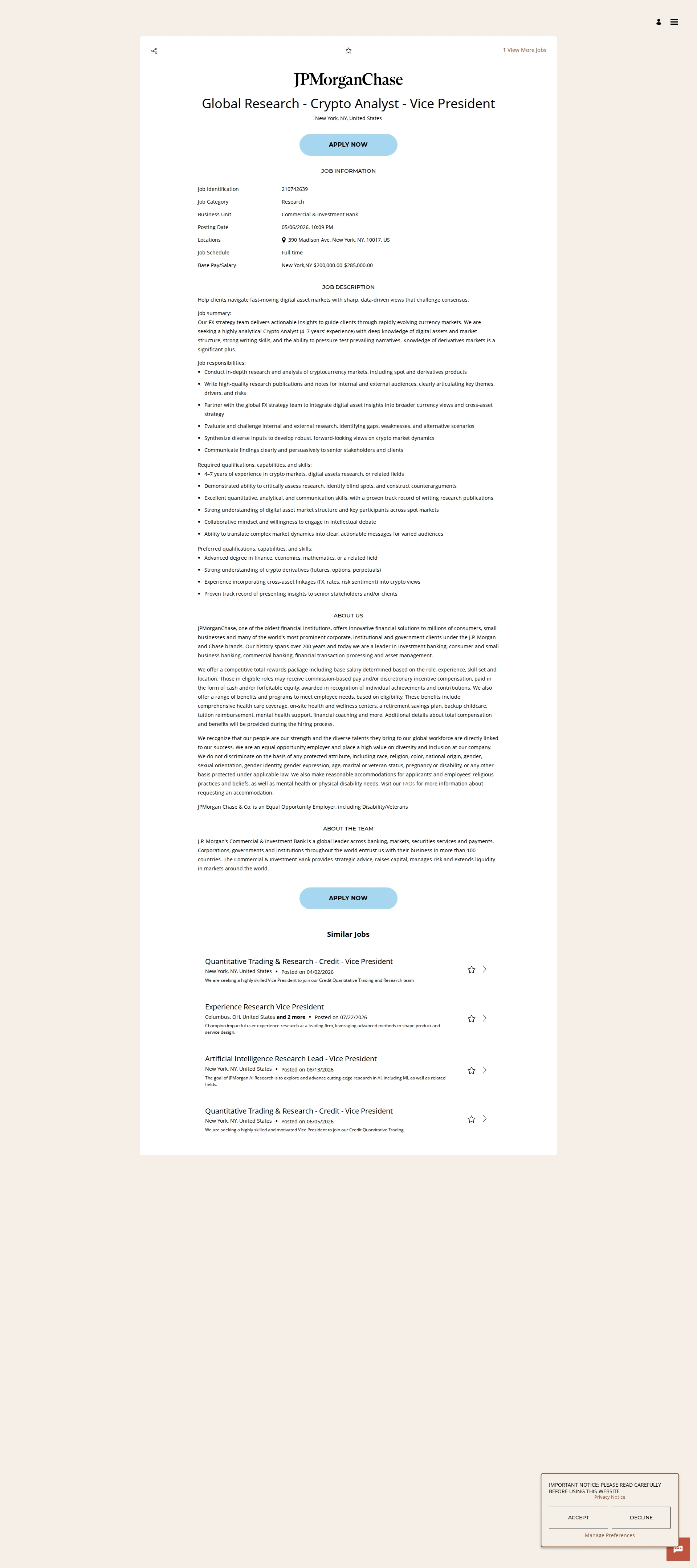 JPMorganChase Global Research - Crypto Analyst - Vice President 채용공고