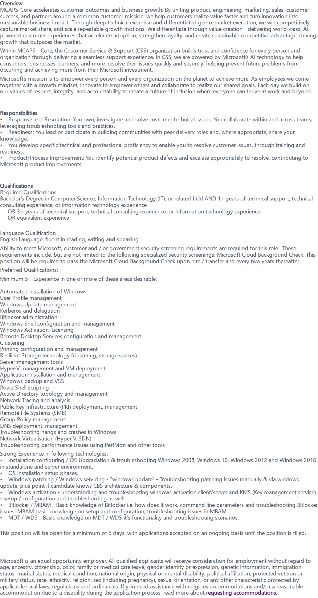 마이크로소프트(Microsoft) Technical Support Engineering 채용공고
