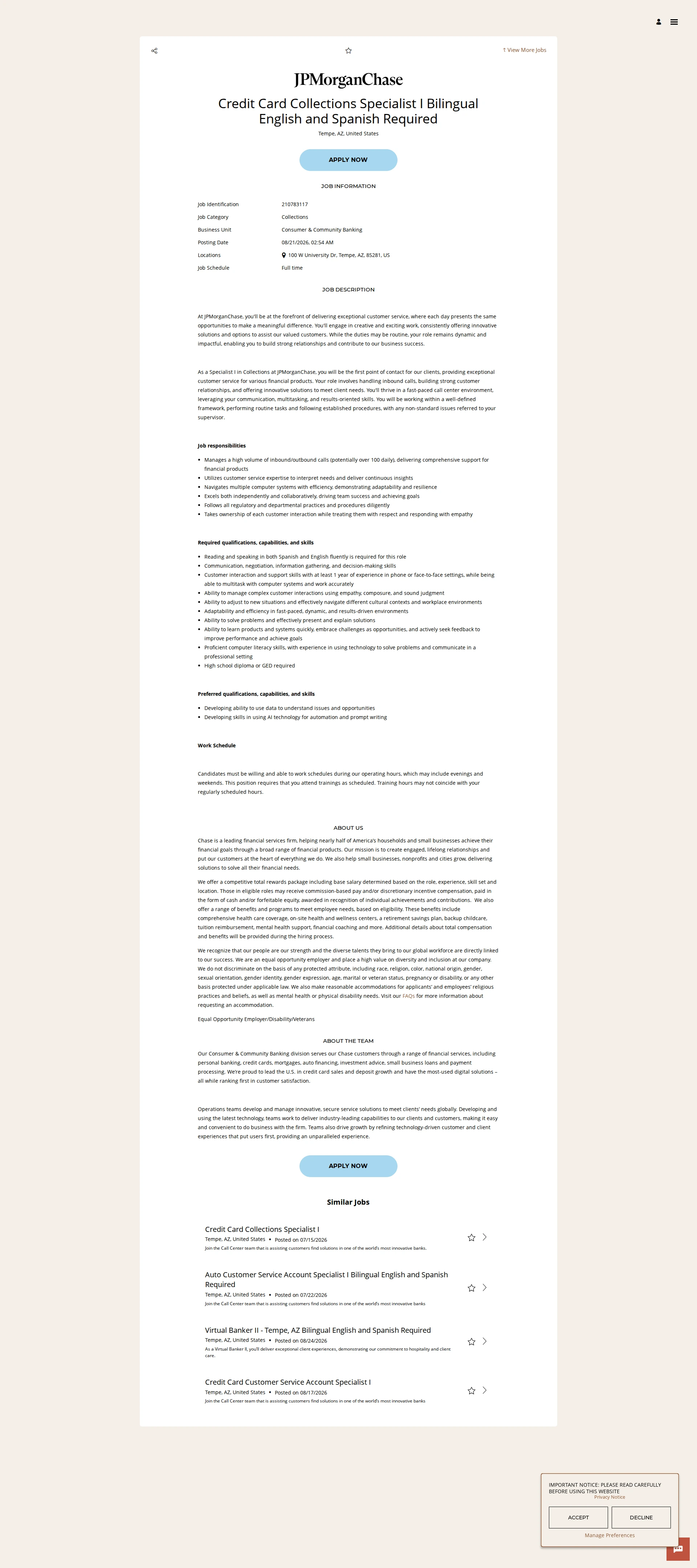 JPMorganChase Credit Card Collections Specialist I Bilingual English and Spanish Required 채용공고