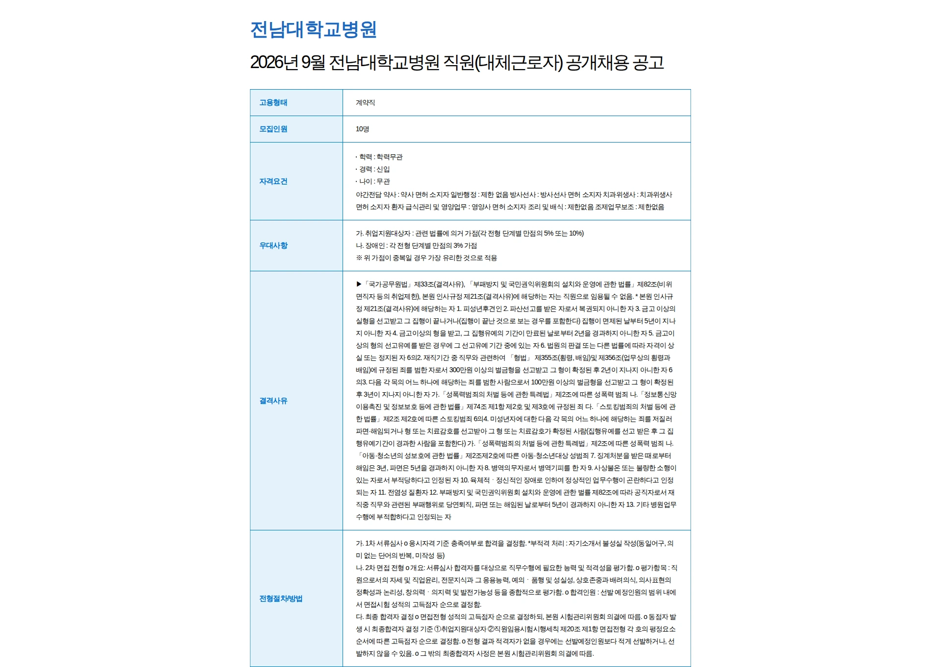 전남대학교병원 2026년 9월 전남대학교병원 직원(대체근로자) 공개채용 공고 채용공고