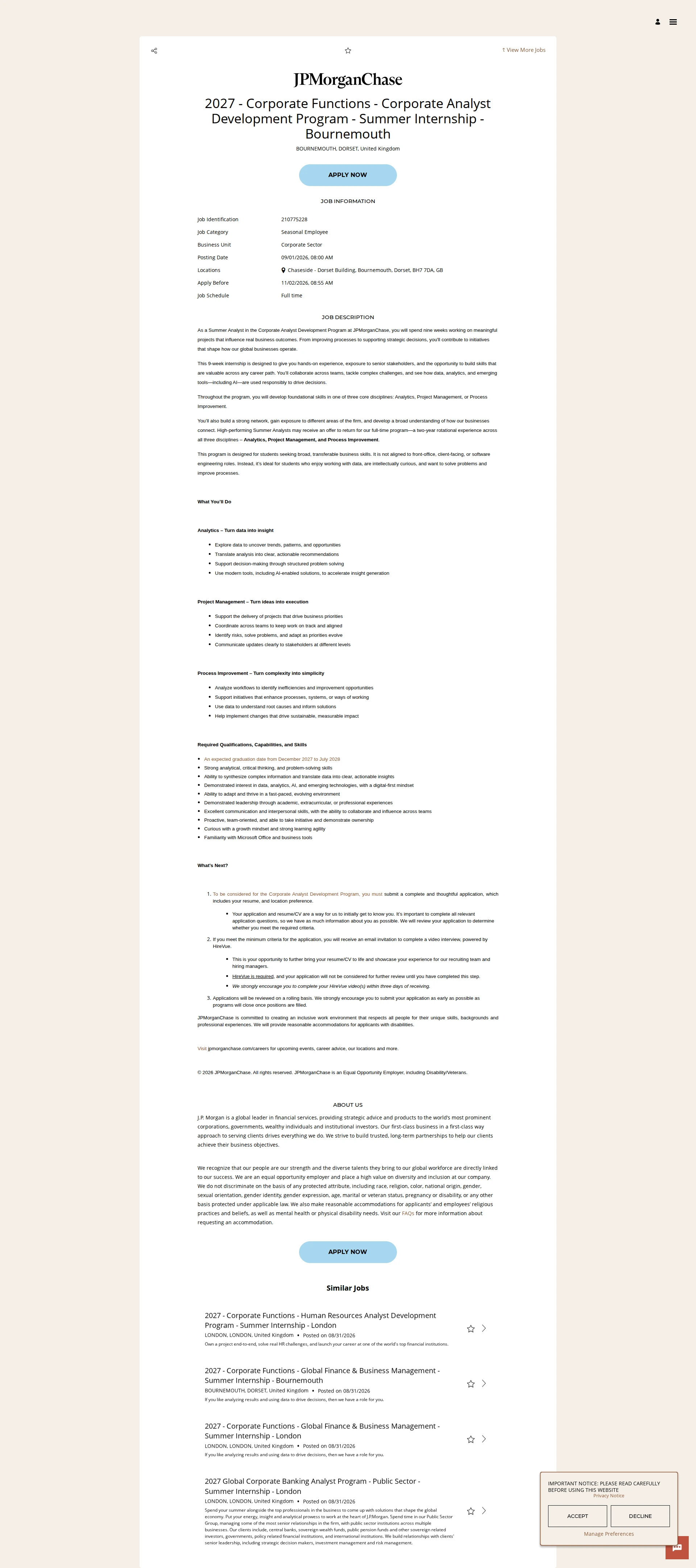 JPMorganChase 2027 - Corporate Functions - Corporate Analyst Development Program - Summer Internship - Bournemouth 채용공고