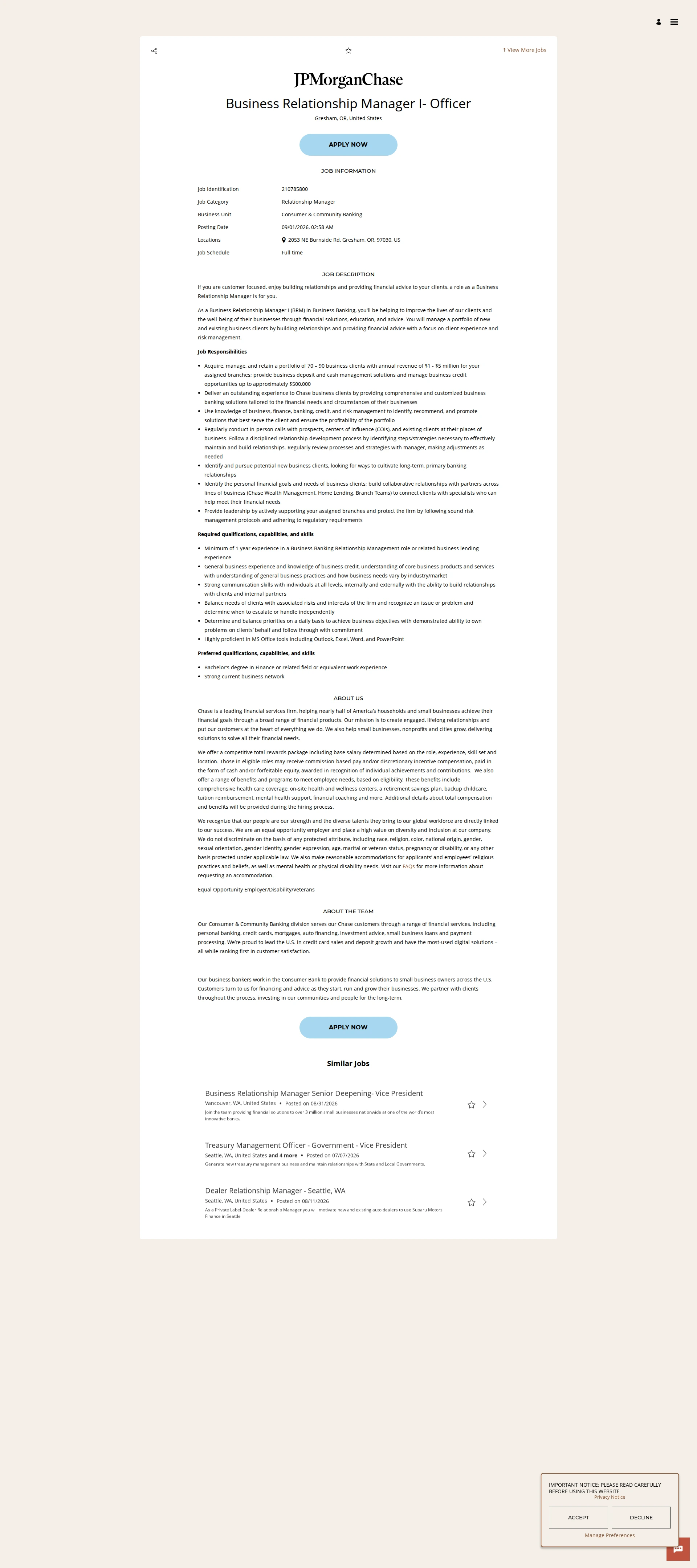JPMorganChase Business Relationship Manager I- Officer 채용공고