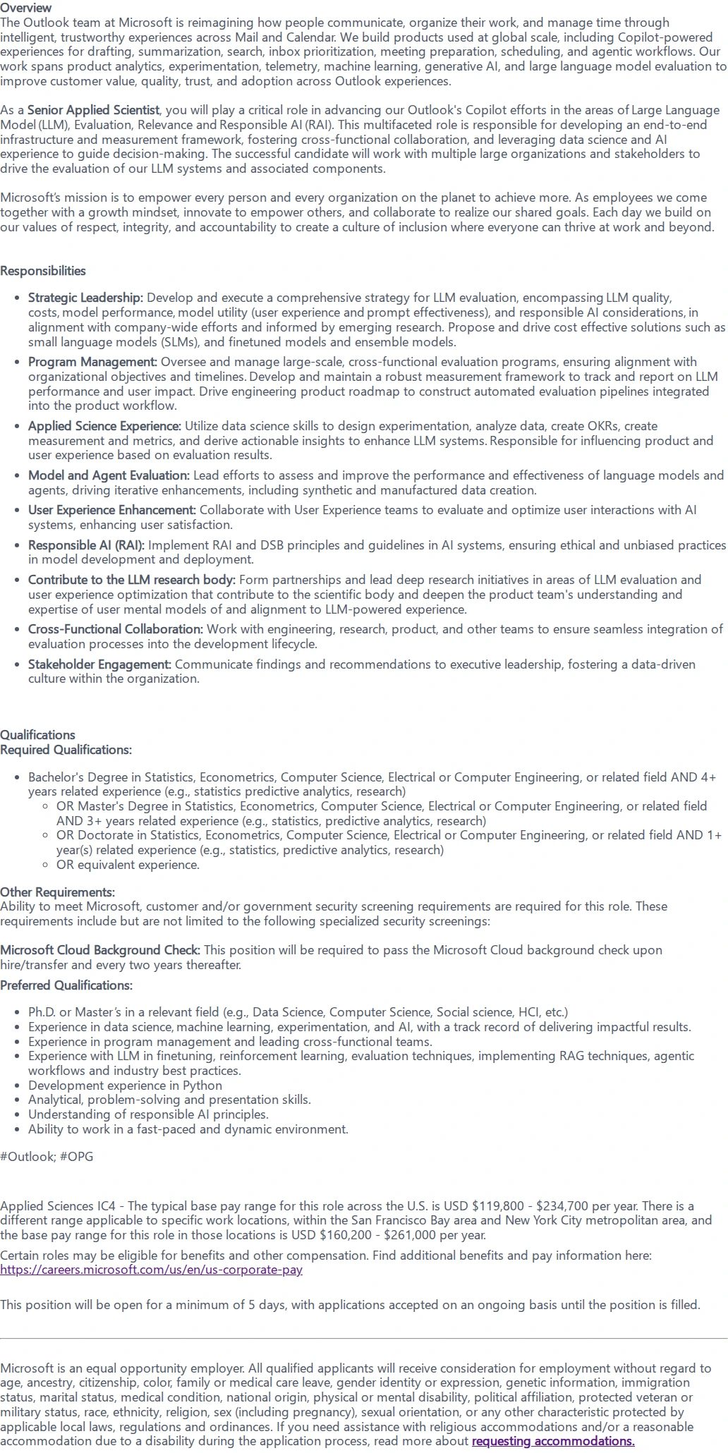 마이크로소프트(Microsoft) Senior Applied Scientist - Outlook Science Team 채용공고