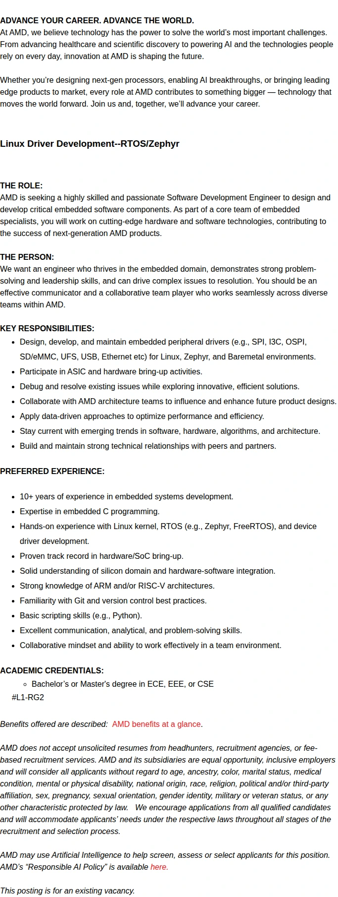 AMD Linux Driver Development--RTOS/Zephyr 채용공고