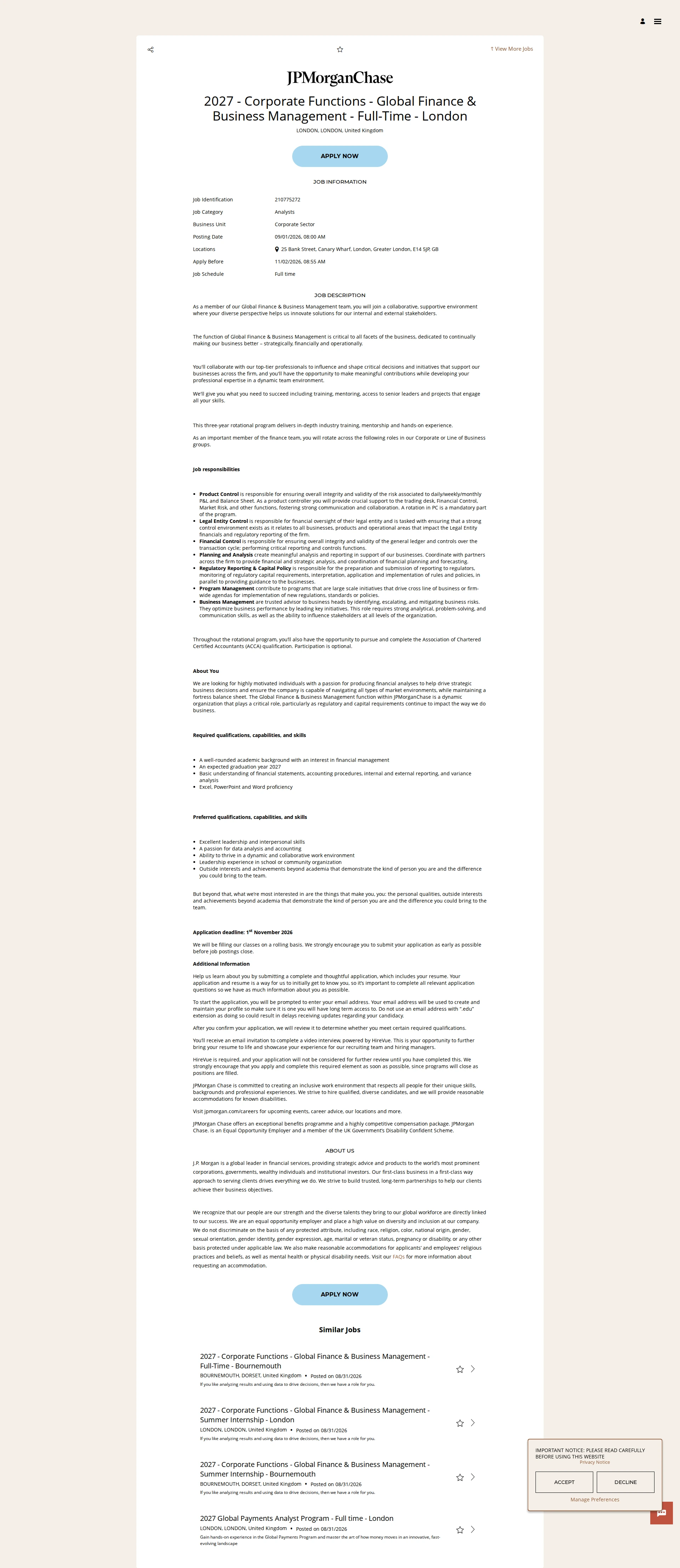 JPMorganChase 2027 - Corporate Functions - Global Finance & Business Management - Full-Time - London 채용공고