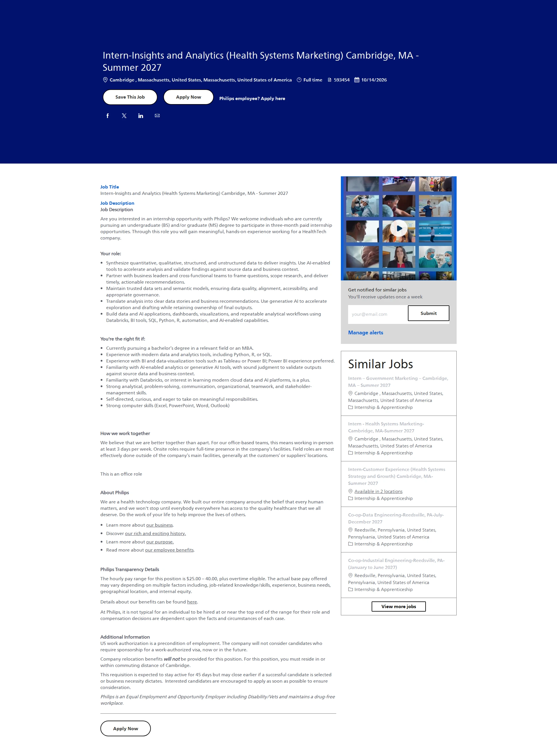 필립스 Intern-Insights and Analytics (Health Systems Marketing) Cambridge, MA - Summer 2027 채용공고