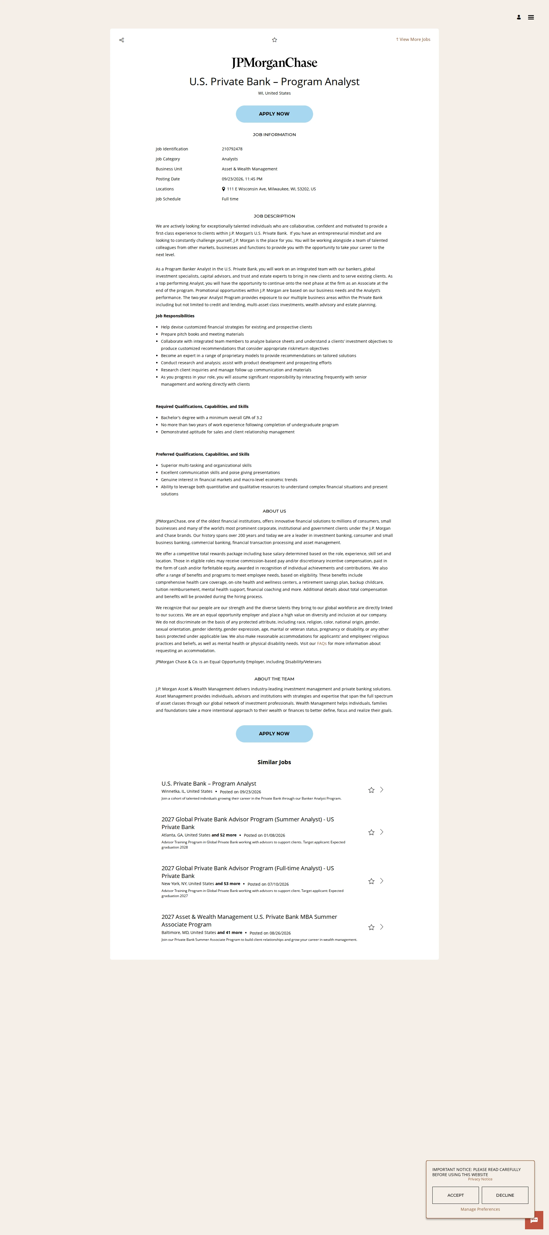 JPMorganChase U.S. Private Bank – Program Analyst 채용공고
