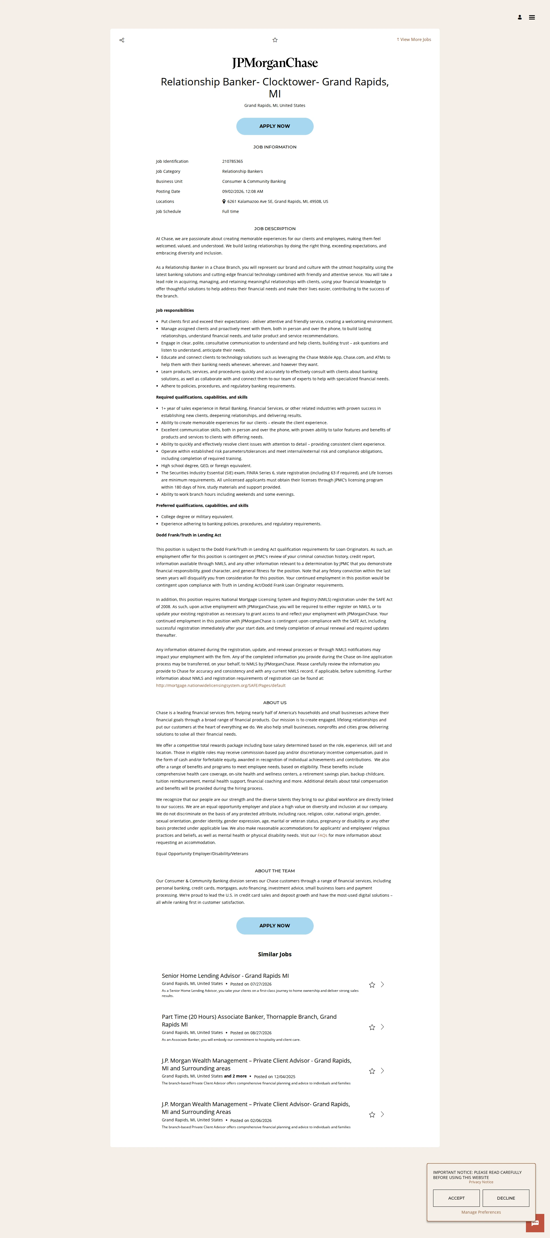 JPMorganChase Relationship Banker- Clocktower- Grand Rapids, MI 채용공고