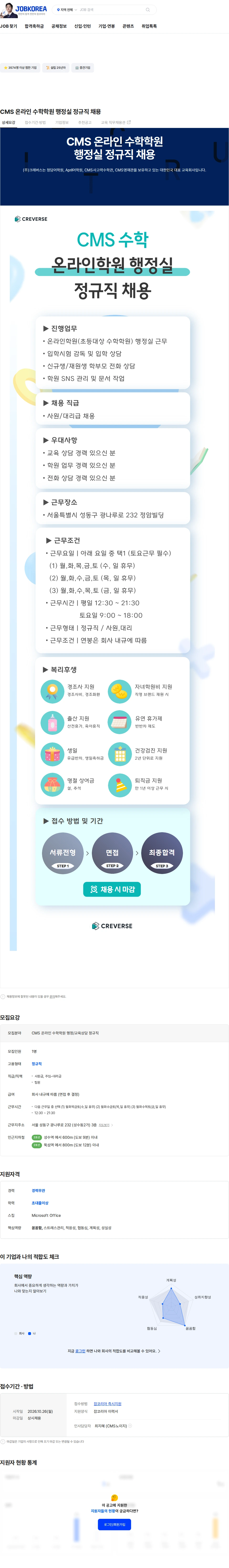 크레버스 CMS 온라인 수학학원 행정실 정규직 채용 채용공고