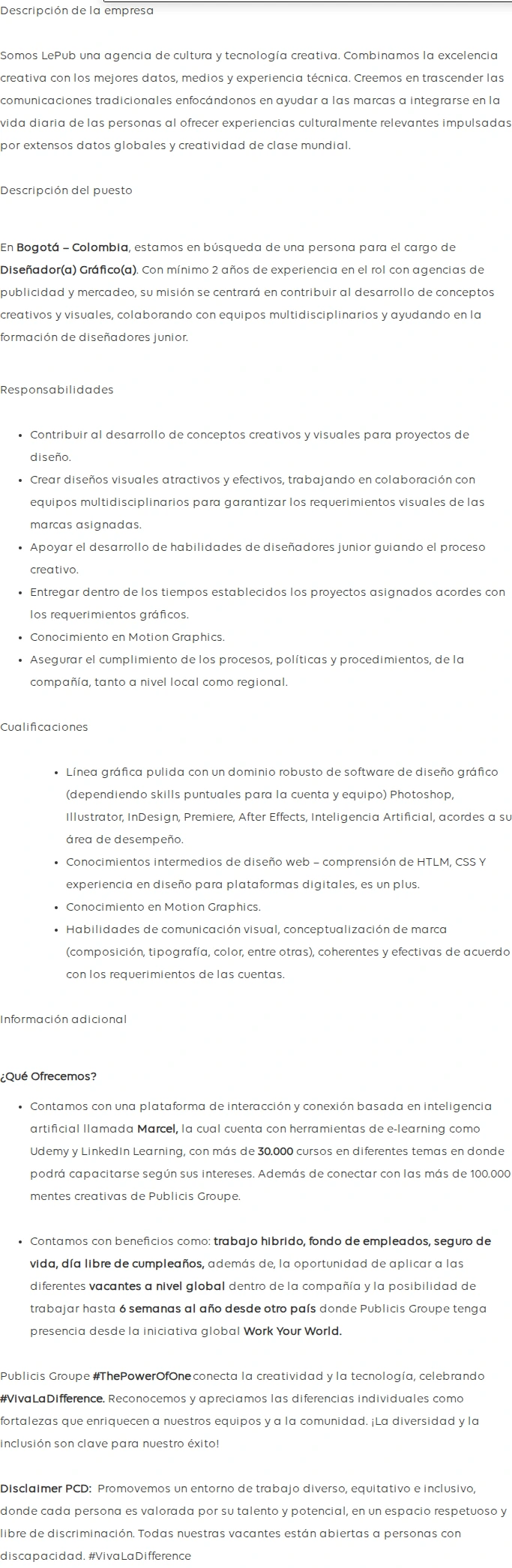 Publicis Groupe Diseñador(a) gráfico(a) 채용공고