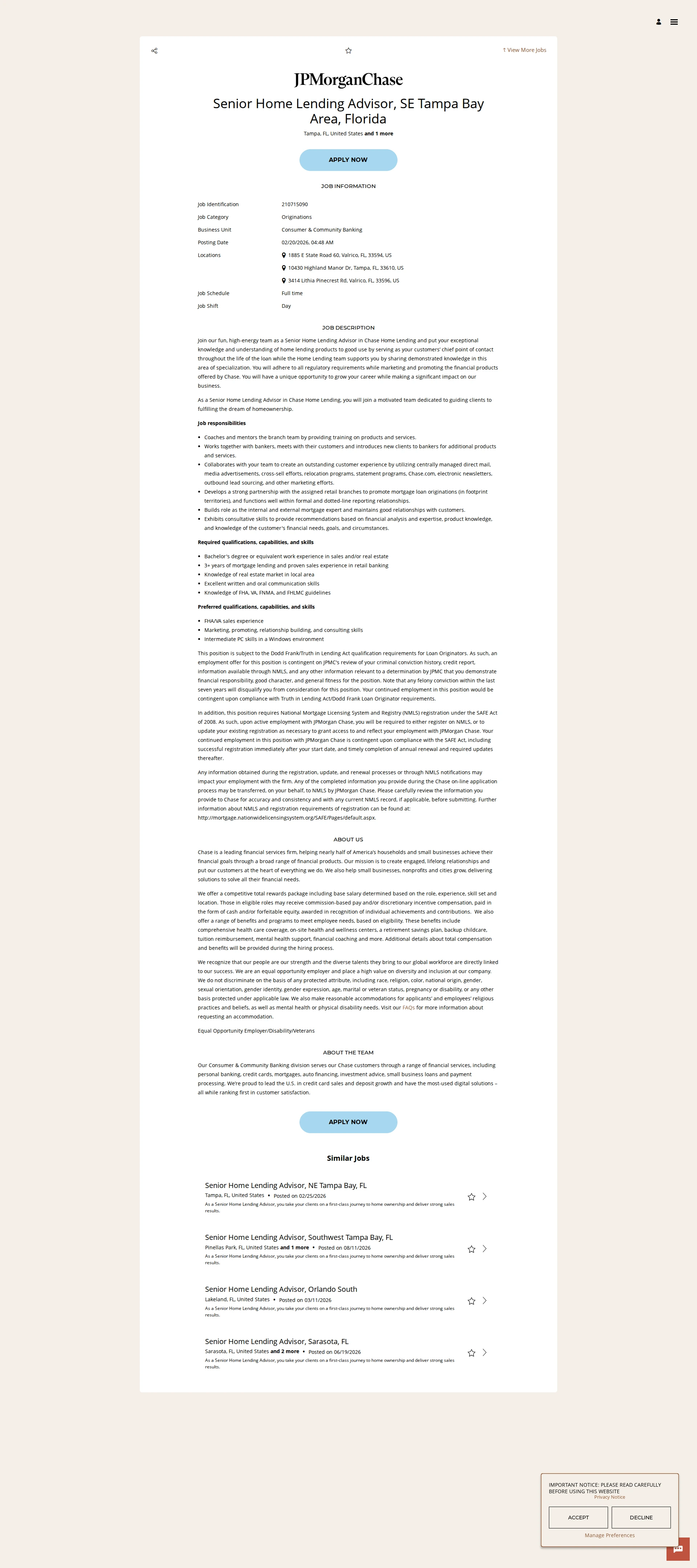 JPMorganChase Senior Home Lending Advisor, SE Tampa Bay Area, Florida 채용공고