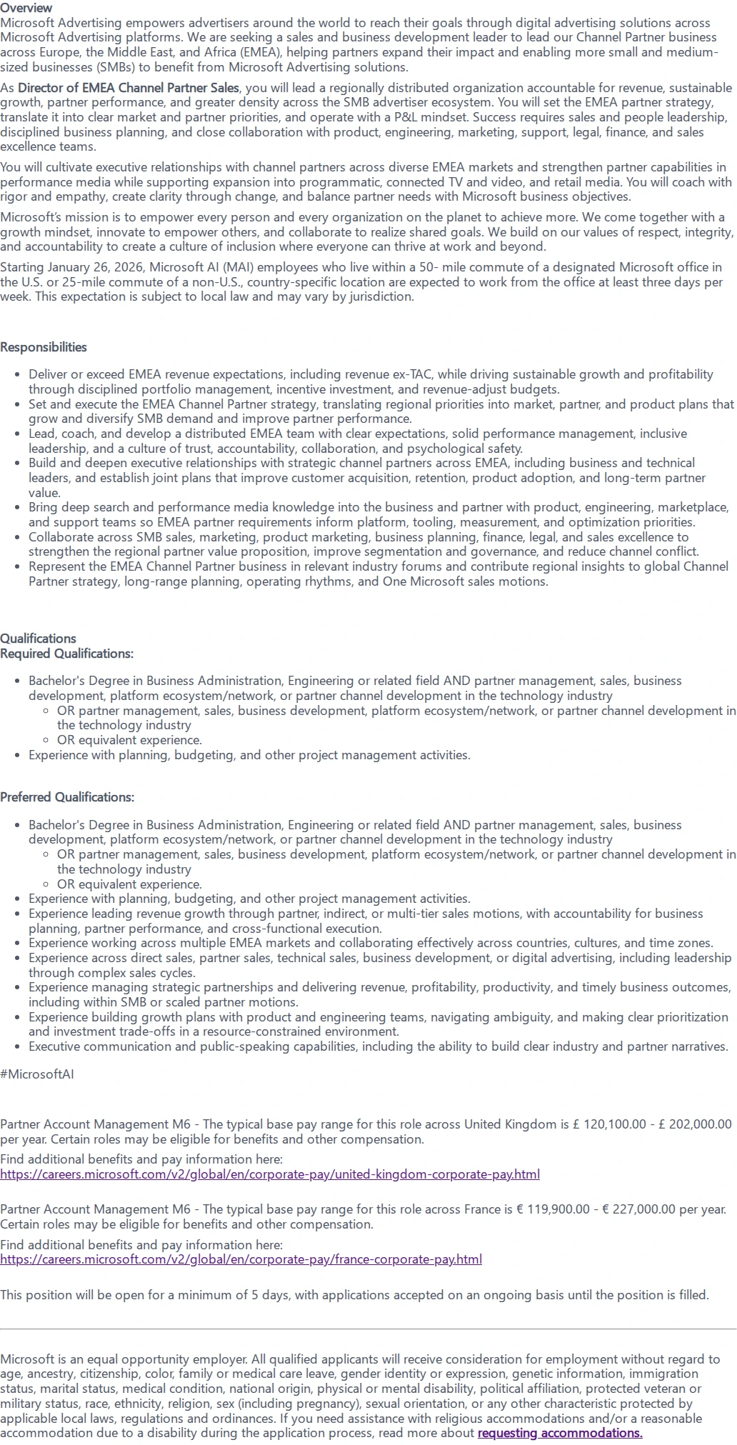 마이크로소프트(Microsoft) EMEA Channel Partner Sales Director - Microsoft Advertising 채용공고