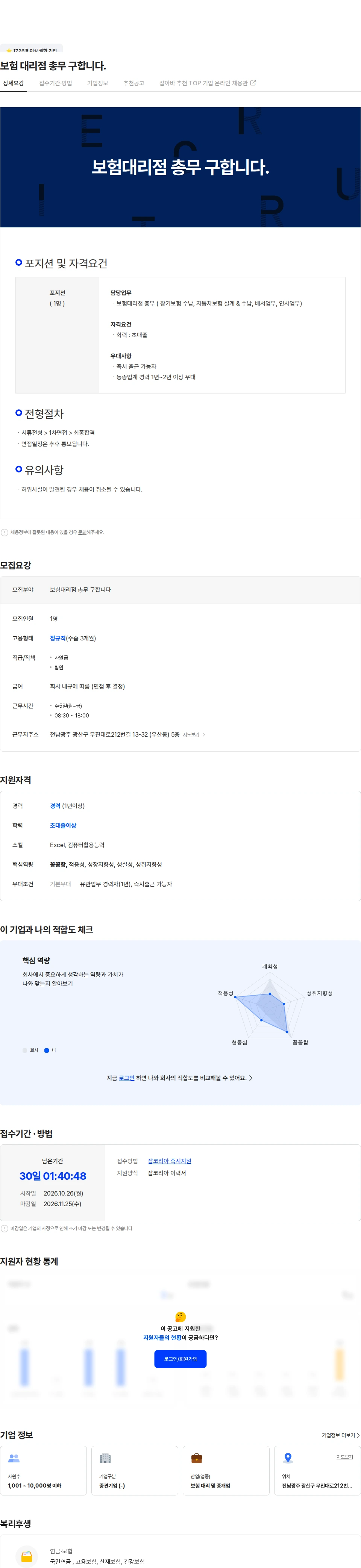 지에이코리아 보험 대리점  총무 구합니다. 채용공고